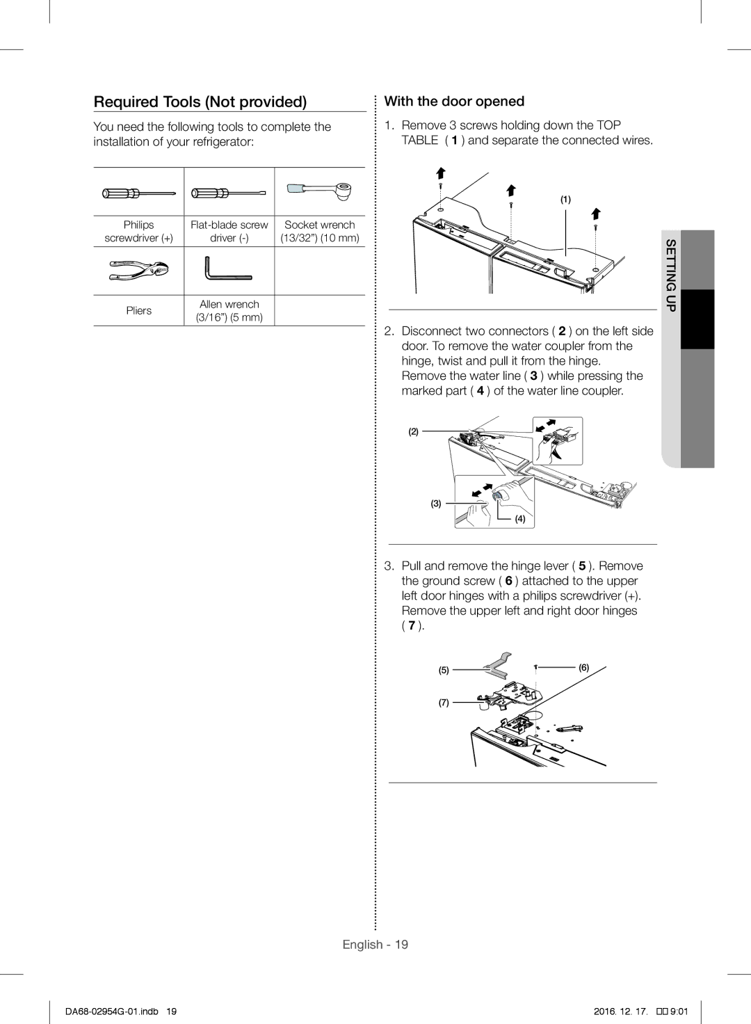 Samsung RF23HCEDBSR/ML manual Required Tools Not provided, With the door opened, Setting 