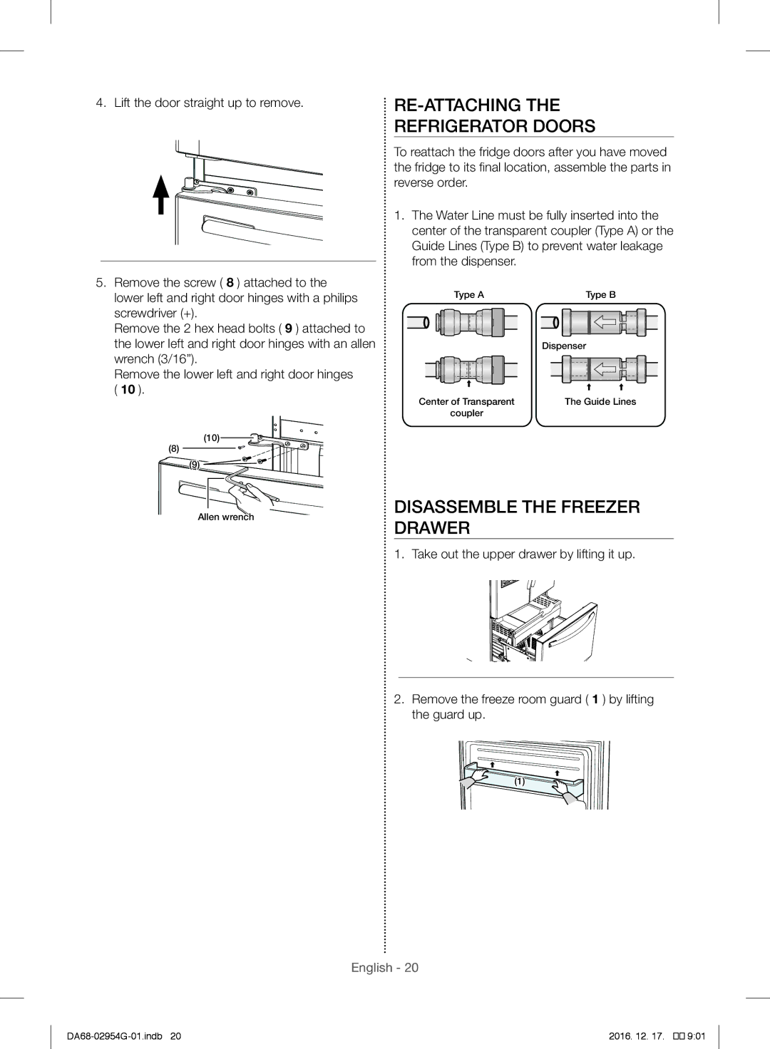 Samsung RF23HCEDBSR/ML manual RE-ATTACHING Refrigerator Doors, Disassemble the Freezer Drawer 