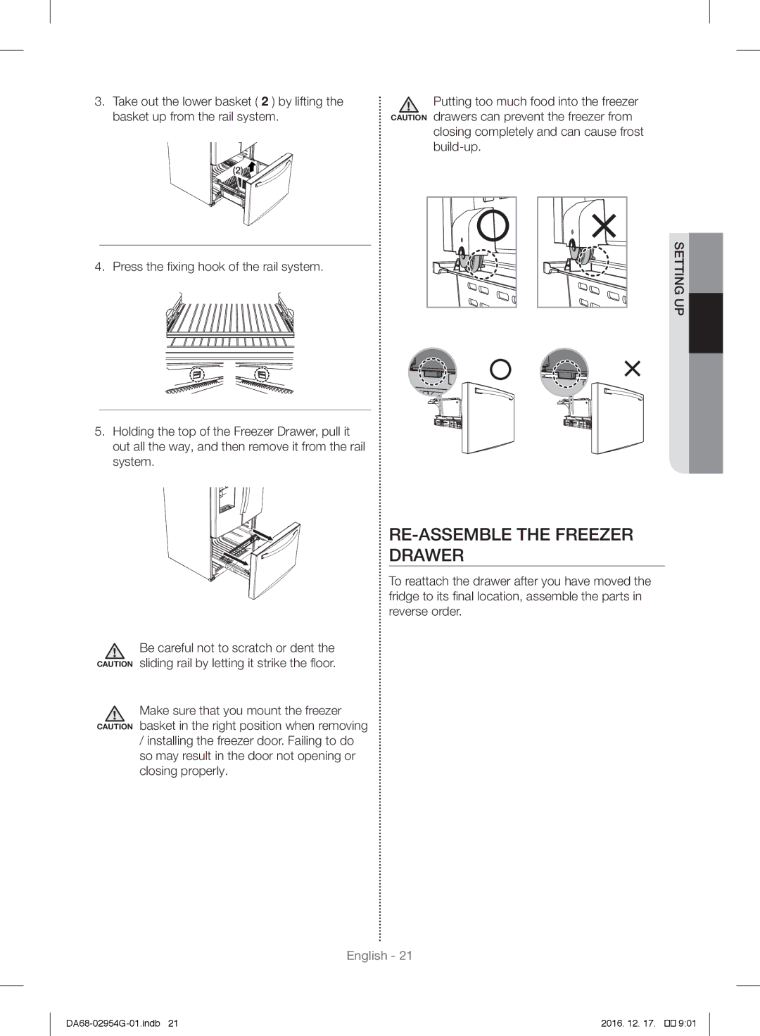 Samsung RF23HCEDBSR/ML manual RE-ASSEMBLE the Freezer Drawer, Basket up from the rail system, Build-up 