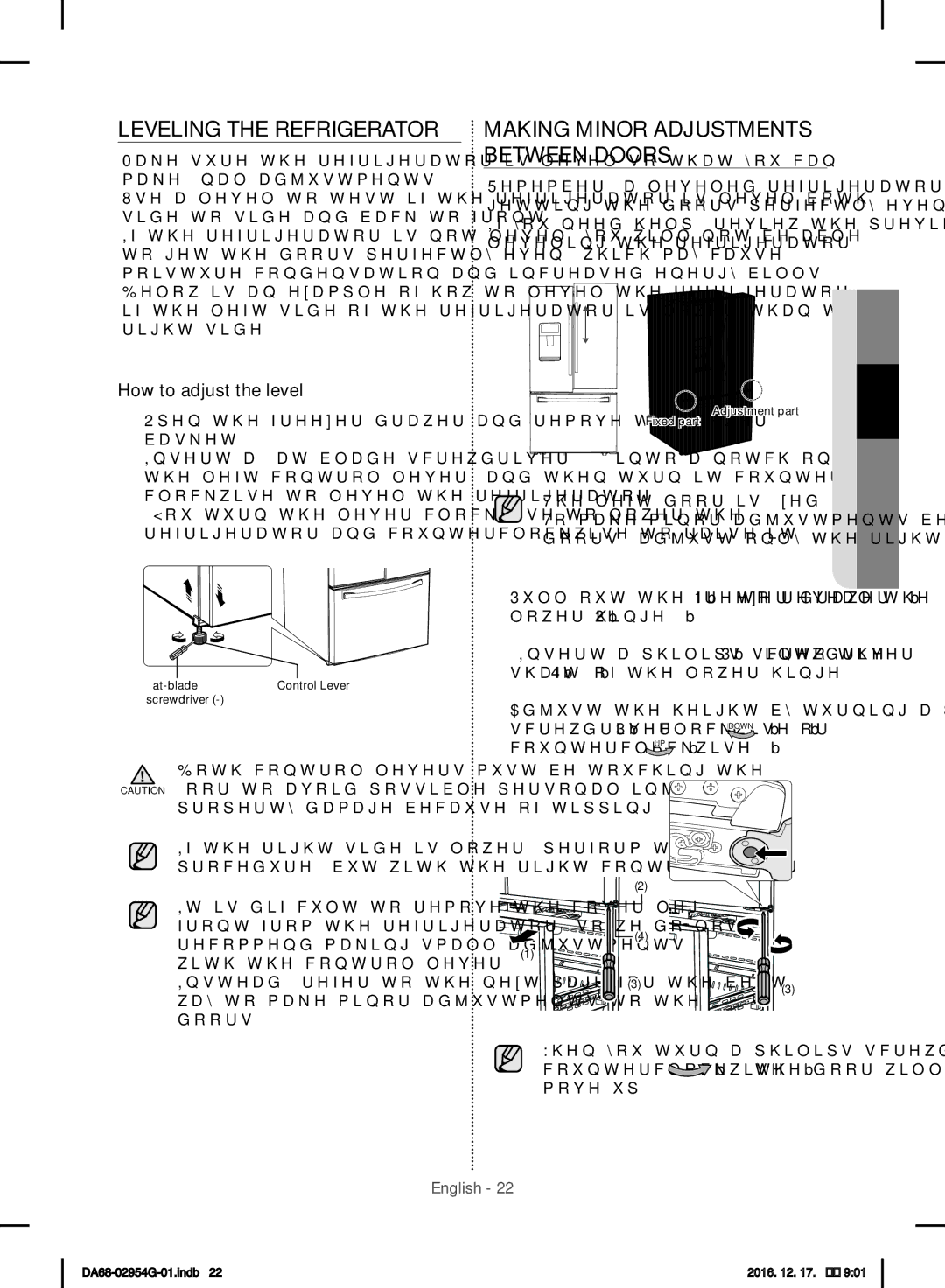 Samsung RF23HCEDBSR/ML manual Leveling the Refrigerator, Making Minor Adjustments Between Doors, How to adjust the level 