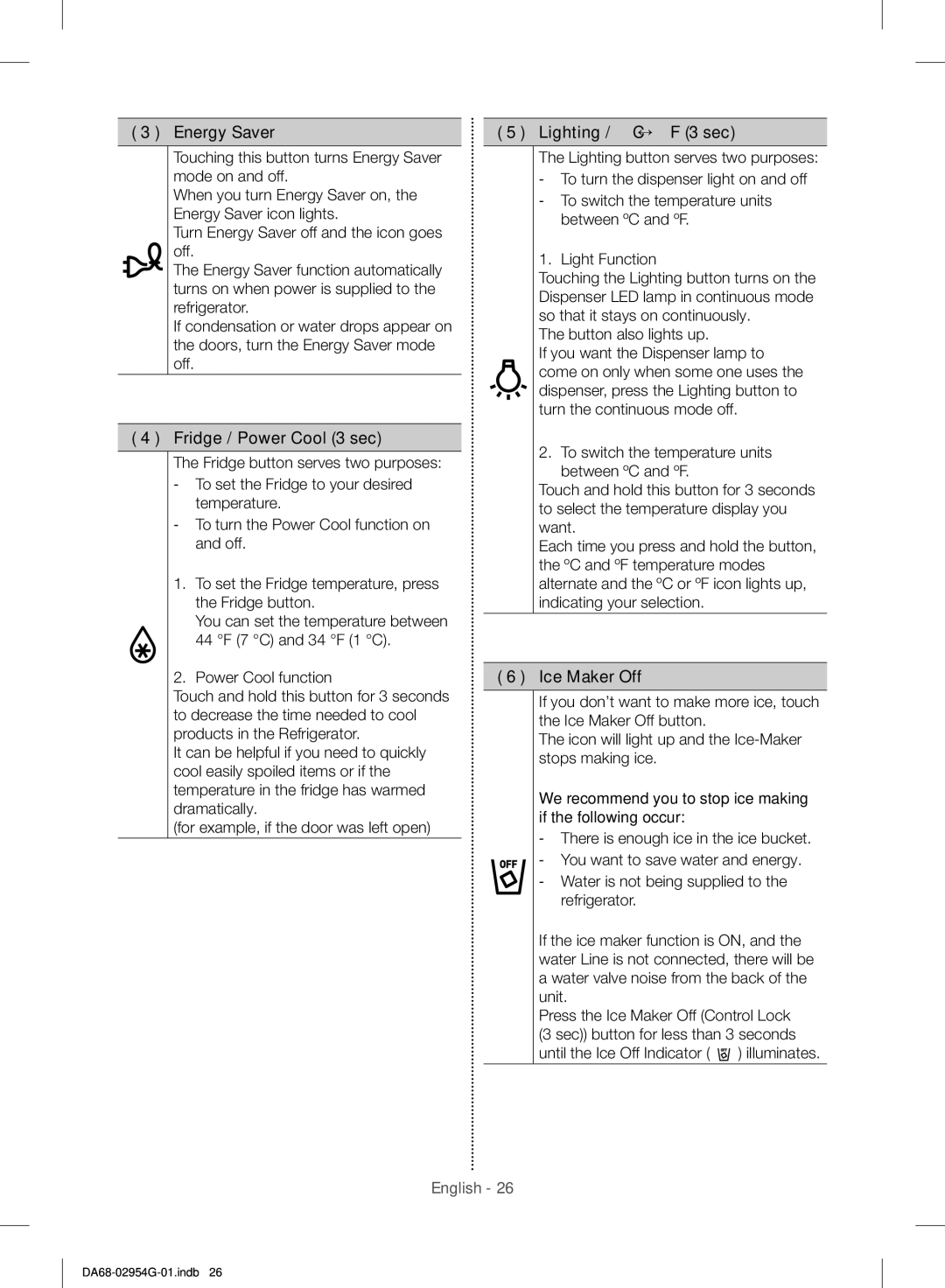 Samsung RF23HCEDBSR/ML manual Energy Saver, Fridge / Power Cool 3 sec, Lighting / C↔F 3 sec, Ice Maker Off 