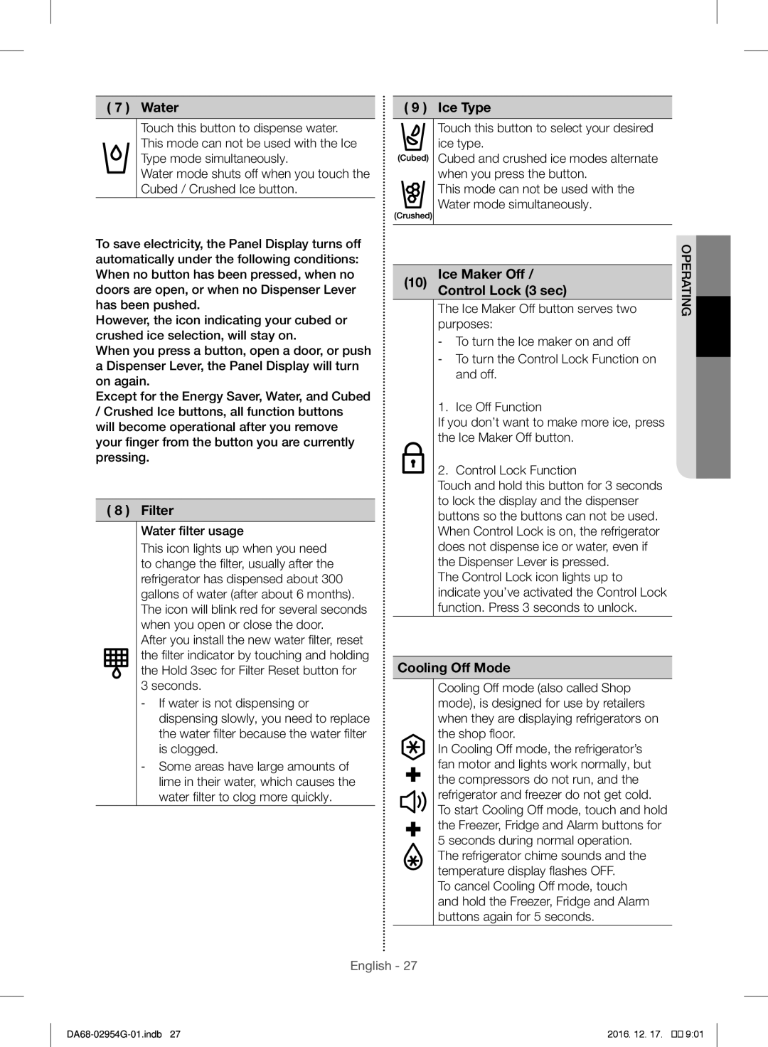 Samsung RF23HCEDBSR/ML manual Water, Filter, Ice Type, Ice Maker Off Control Lock 3 sec, Cooling Off Mode 