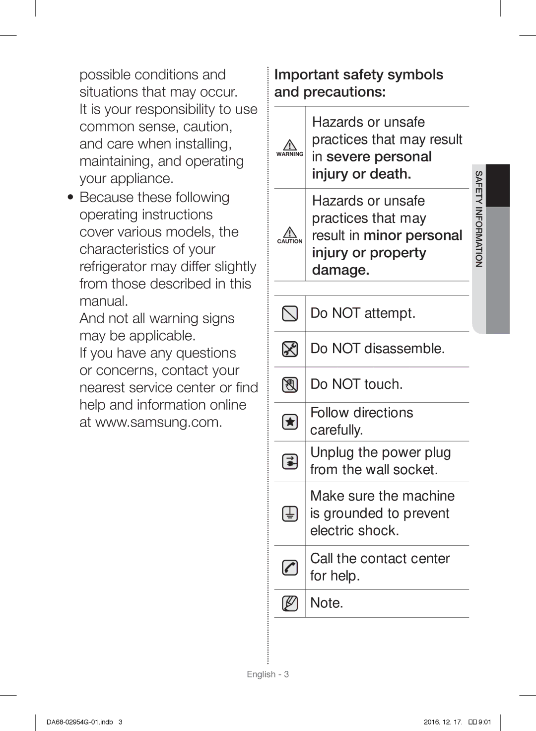 Samsung RF23HCEDBSR/ML manual Safetyinformation 