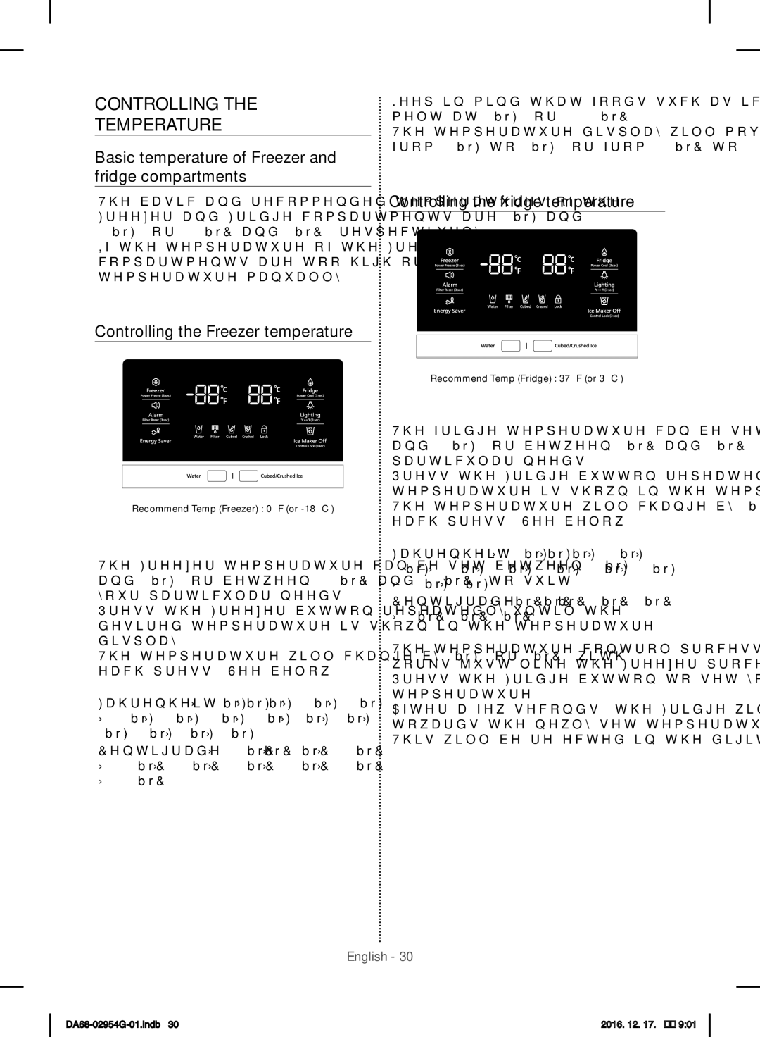 Samsung RF23HCEDBSR/ML manual Controlling Temperature, Basic temperature of Freezer and fridge compartments 