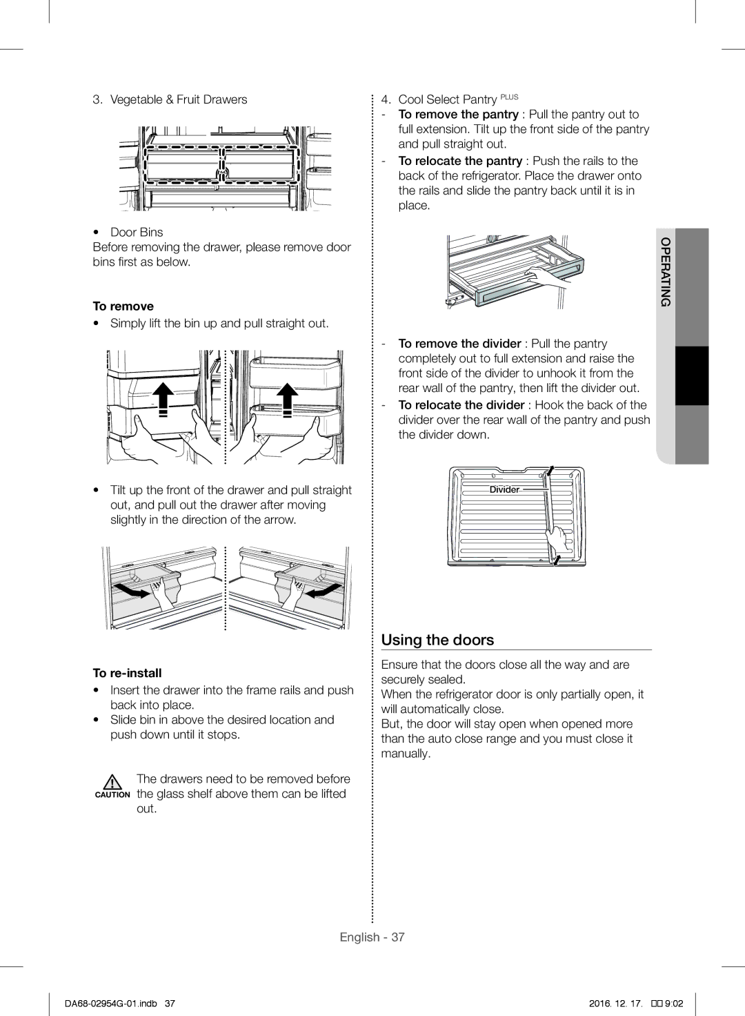 Samsung RF23HCEDBSR/ML manual Using the doors, To remove, To re-install 