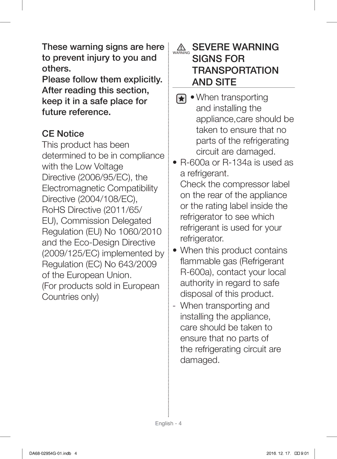 Samsung RF23HCEDBSR/ML manual Severe Warning Warning Signs for 