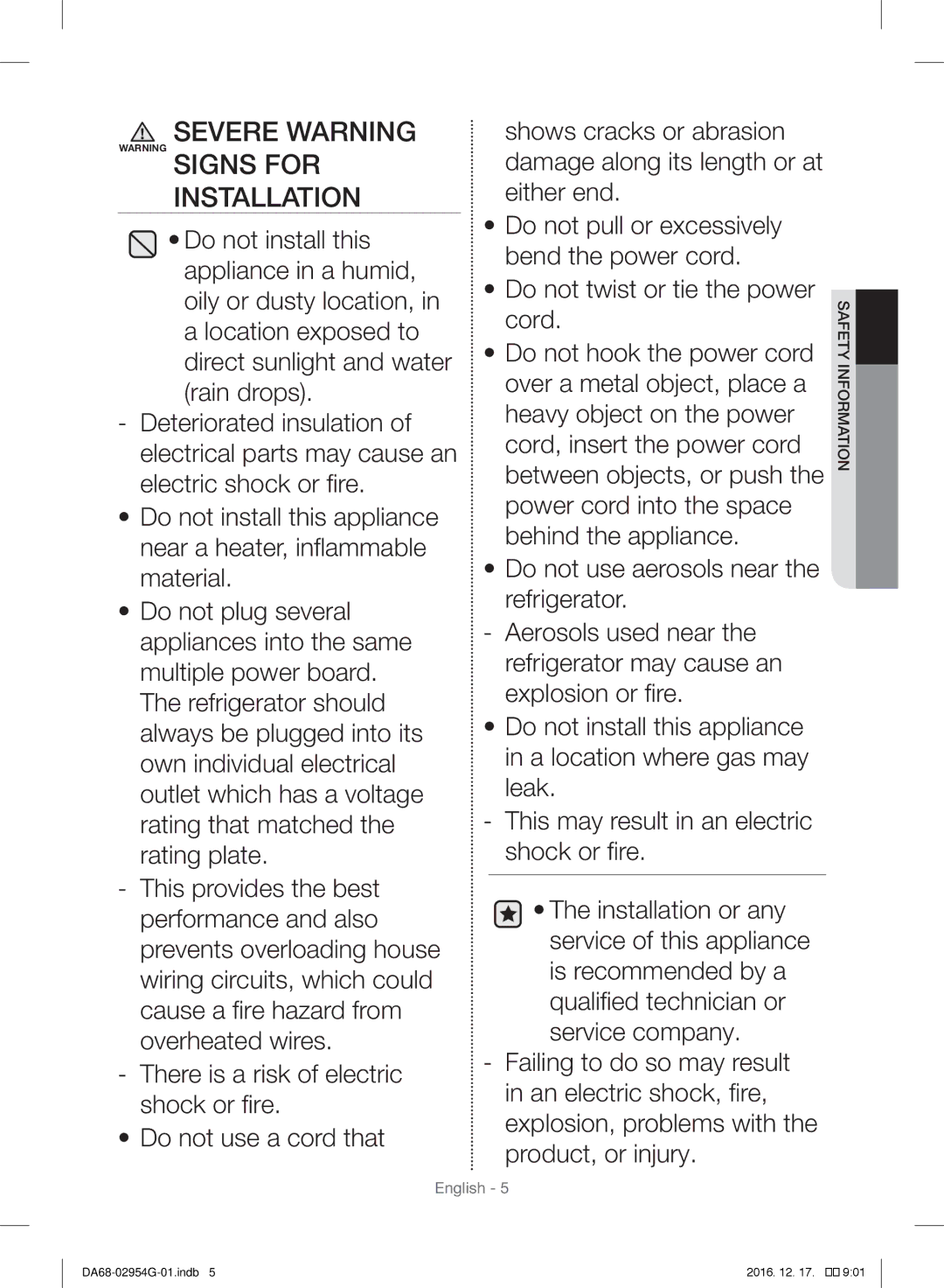 Samsung RF23HCEDBSR/ML manual Severe Warning Warning Signs for Installation 