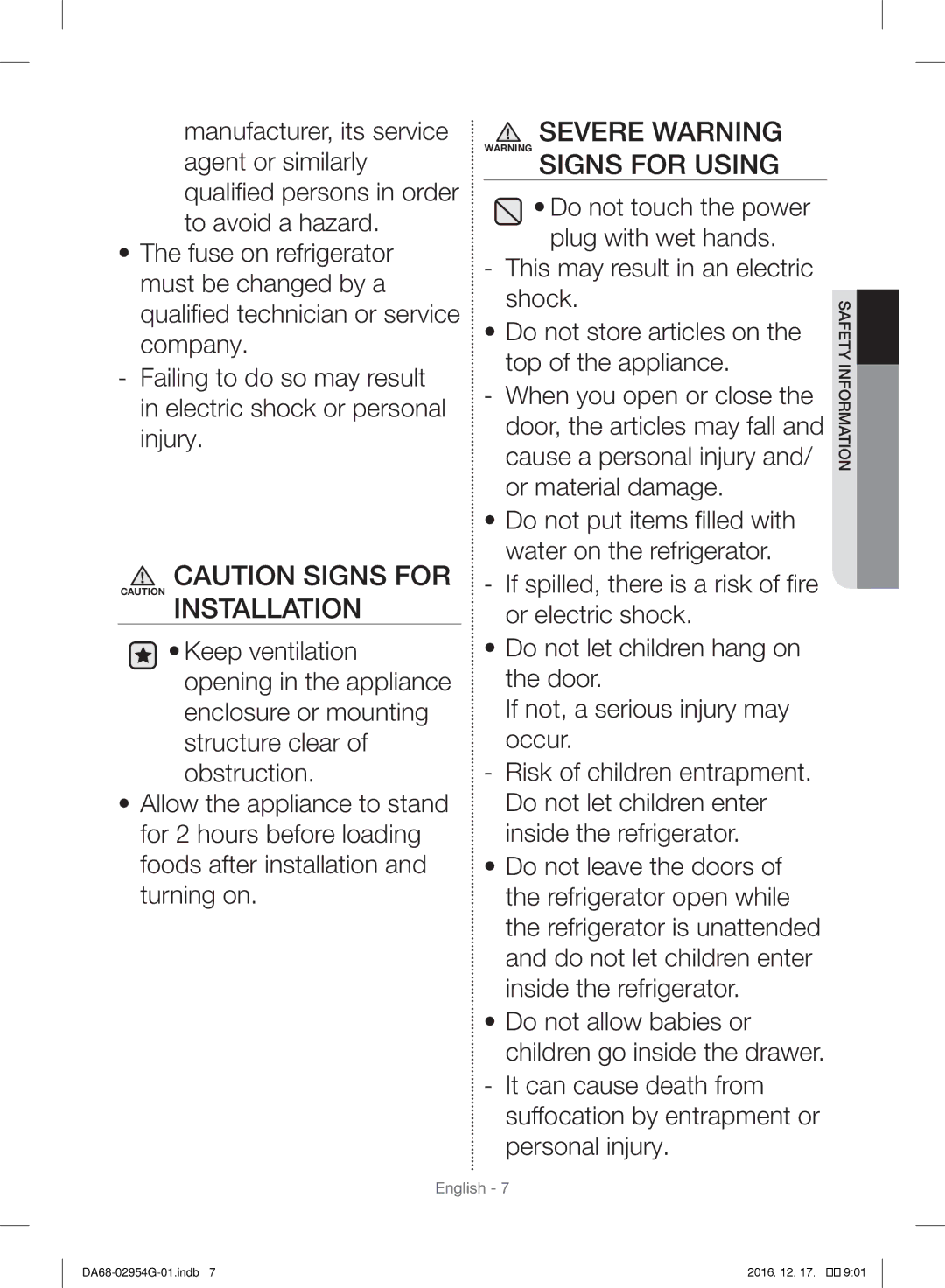 Samsung RF23HCEDBSR/ML manual Severe Warning Warning Signs for Using 