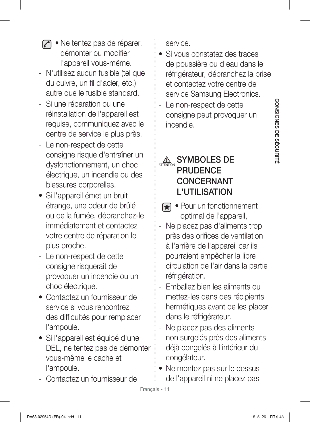 Samsung RF23HTEDBSR/EF manual Symboles DE Concernant Lutilisation 