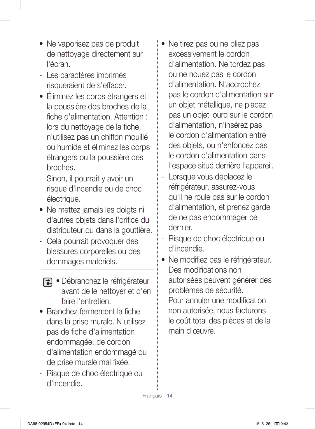 Samsung RF23HTEDBSR/EF manual Risque de choc électrique ou dincendie 