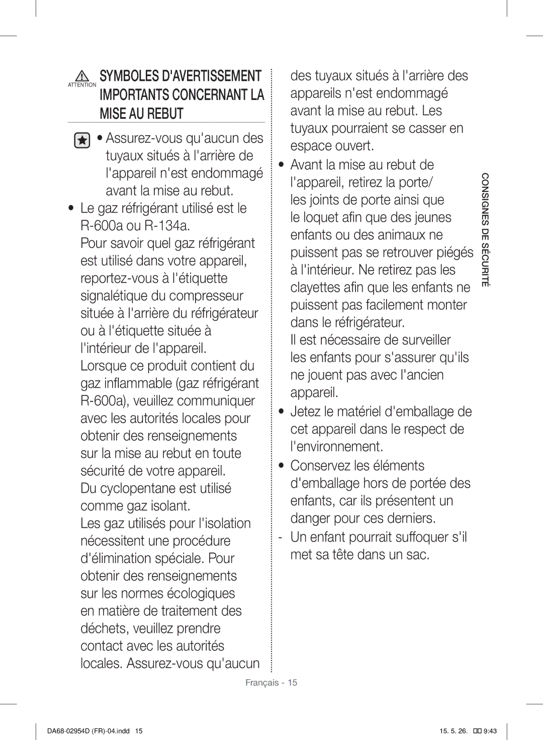 Samsung RF23HTEDBSR/EF manual Mise AU Rebut 