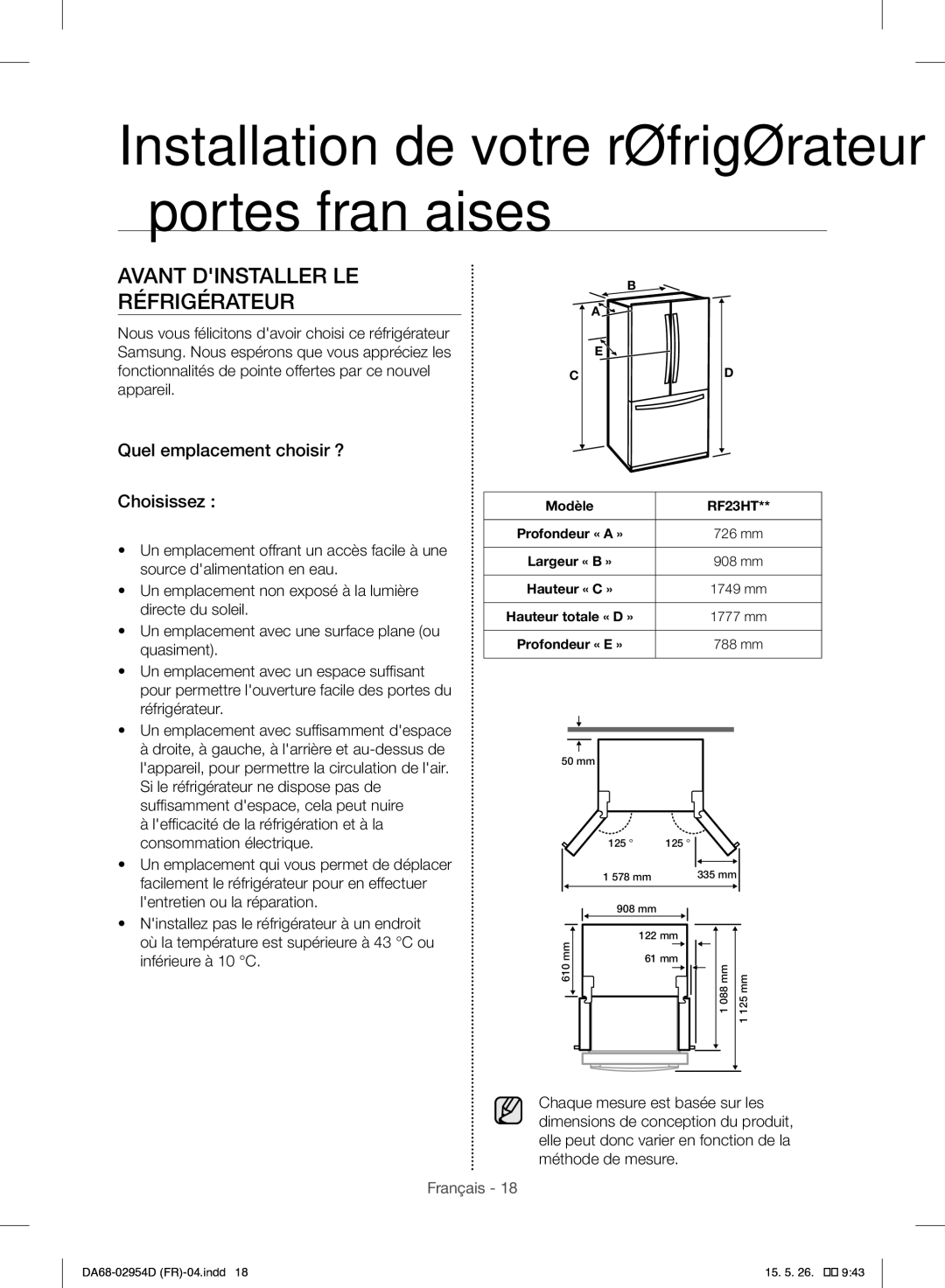 Samsung RF23HTEDBSR/EF manual Avant Dinstaller LE Réfrigérateur, Quel emplacement choisir ? Choisissez 