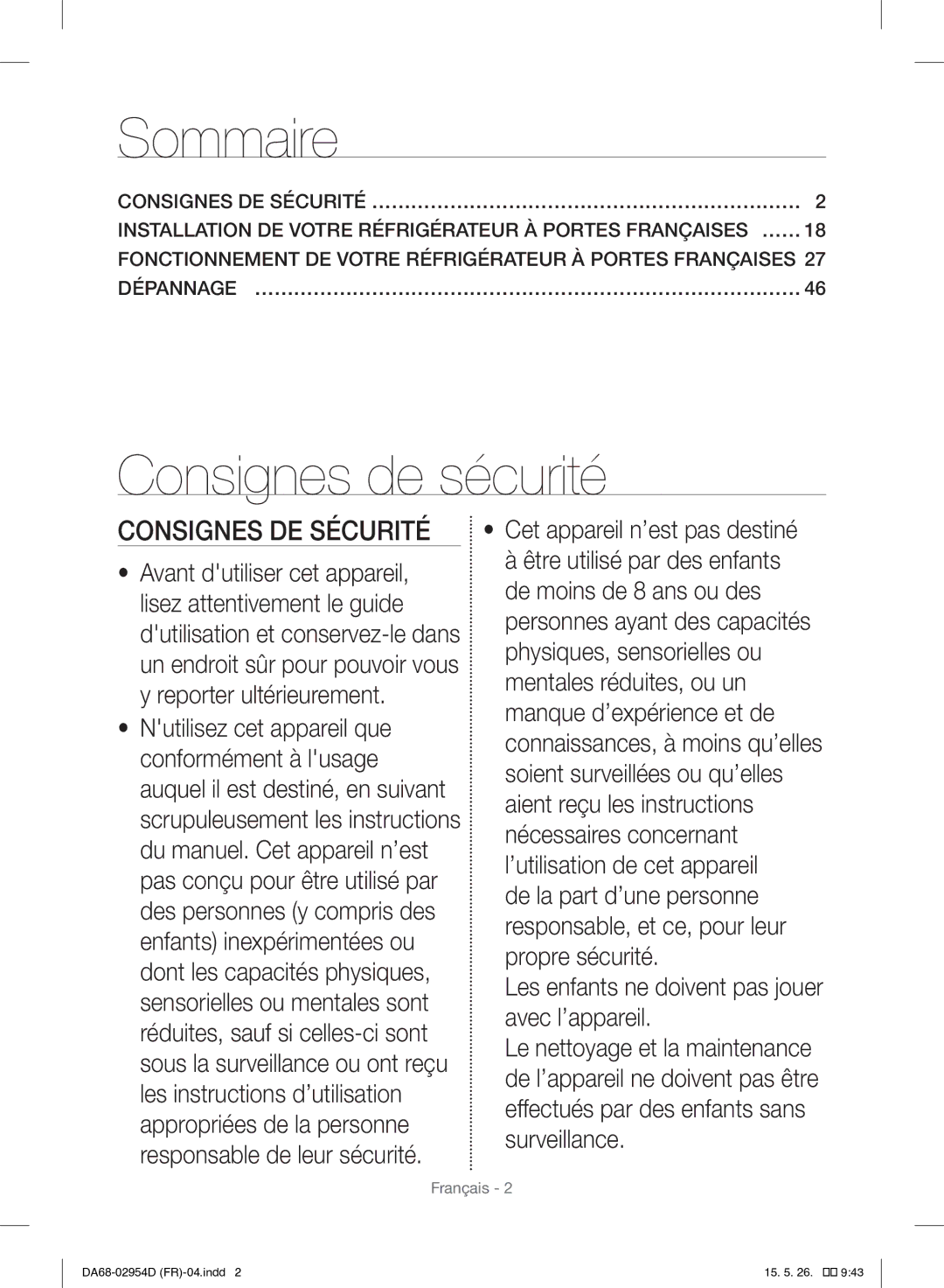 Samsung RF23HTEDBSR/EF manual Sommaire, Consignes DE SÉCURITÉ…………………………………………………………… 