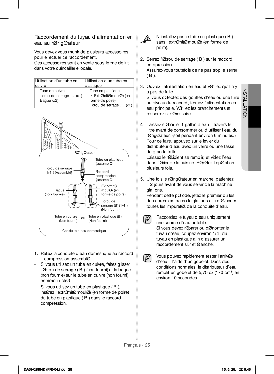 Samsung RF23HTEDBSR/EF manual Raccordement du tuyau dalimentation en eau au réfrigérateur 