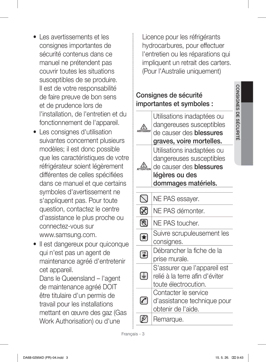 Samsung RF23HTEDBSR/EF manual Consignes de sécurité importantes et symboles 