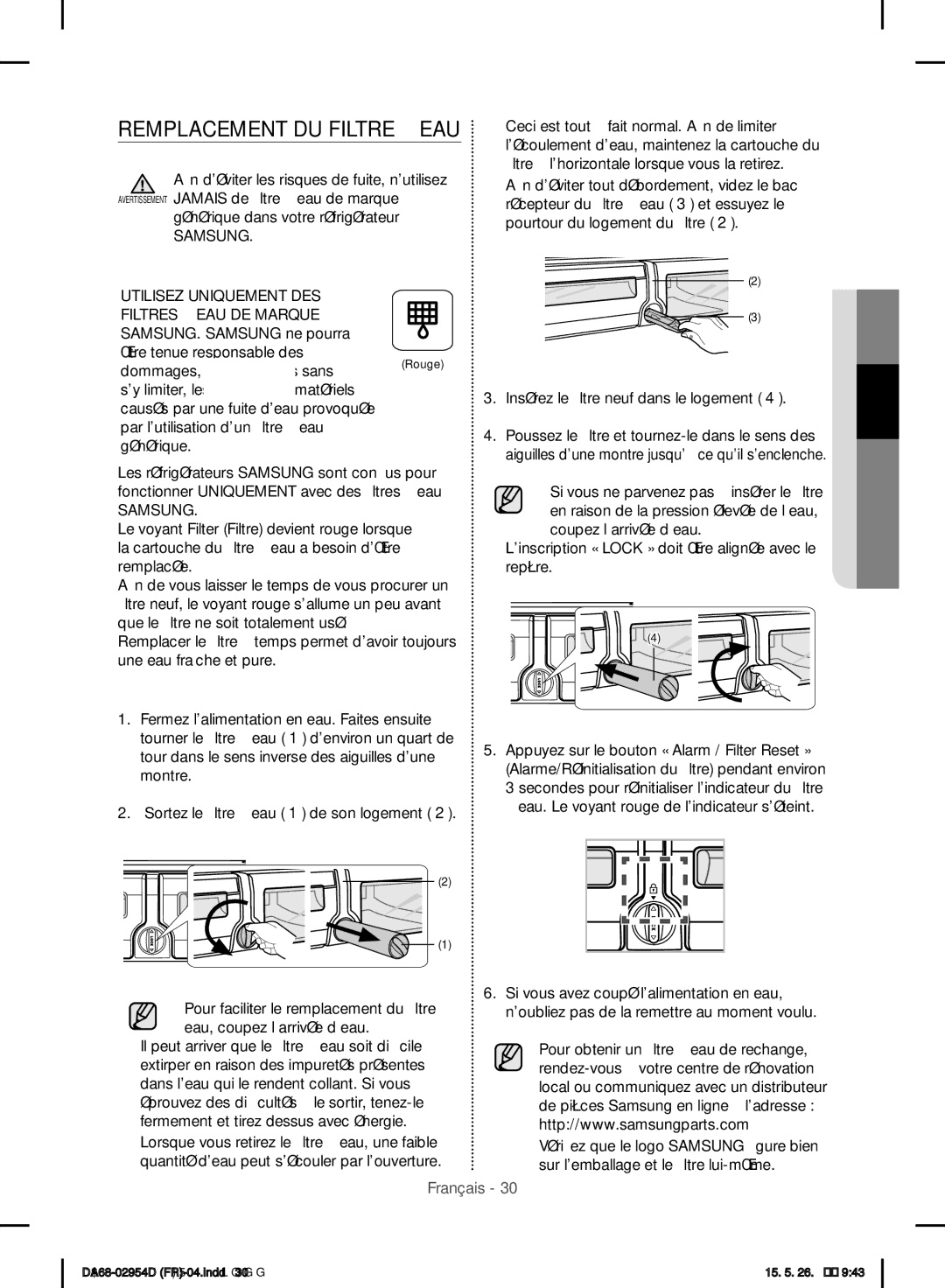 Samsung RF23HTEDBSR/EF manual Remplacement DU Filtre À EAU, Samsung Utilisez Uniquement DES 