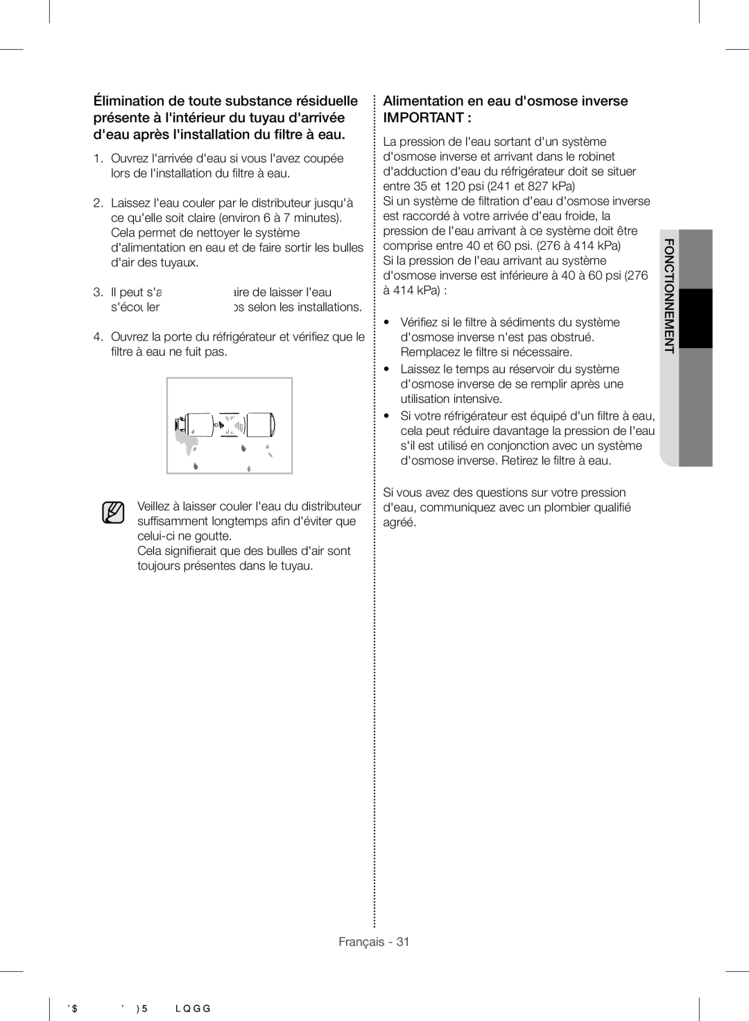 Samsung RF23HTEDBSR/EF manual Alimentation en eau dosmose inverse 