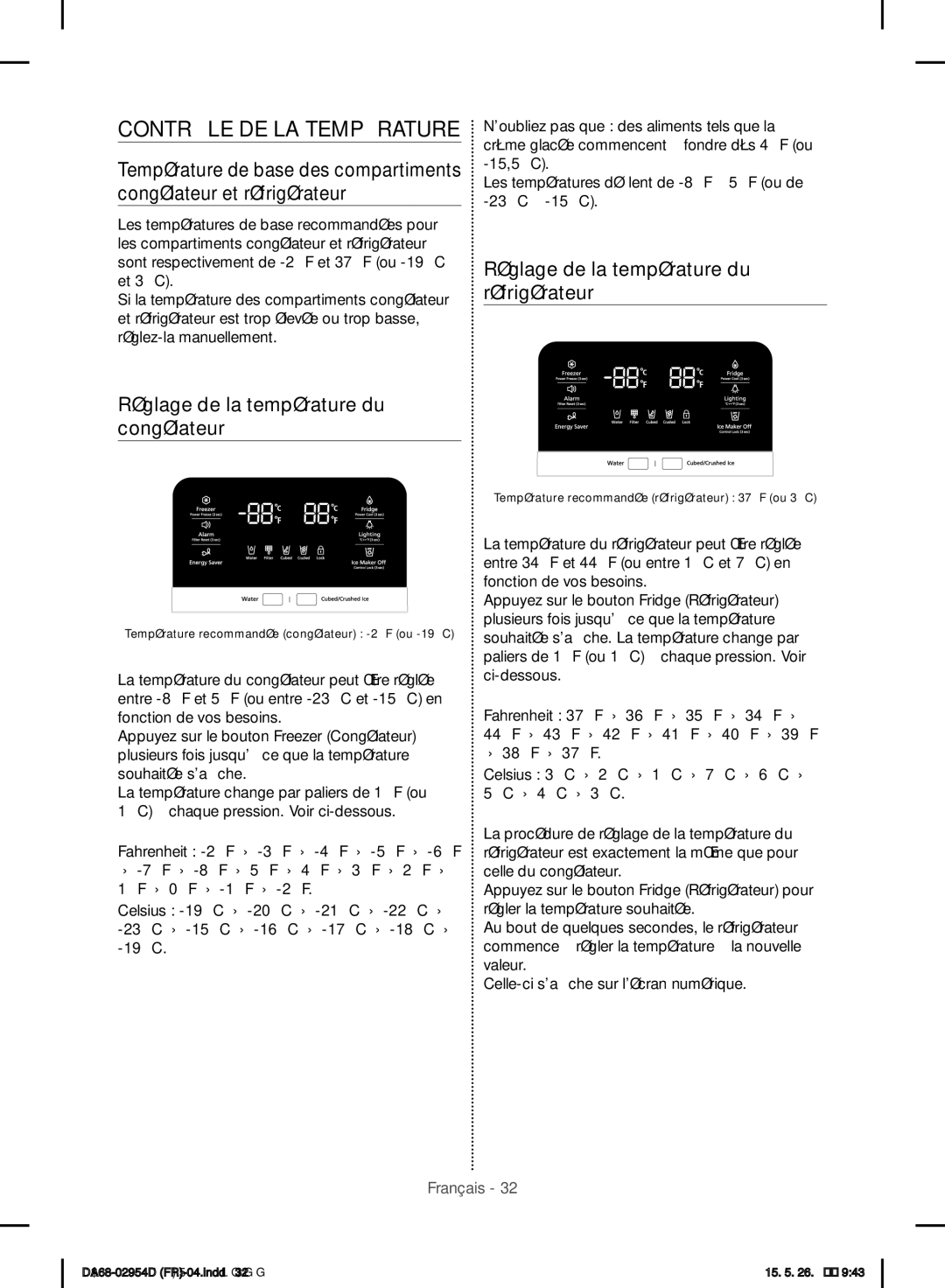 Samsung RF23HTEDBSR/EF manual Contrôle DE LA Température, Réglage de la température du congélateur 