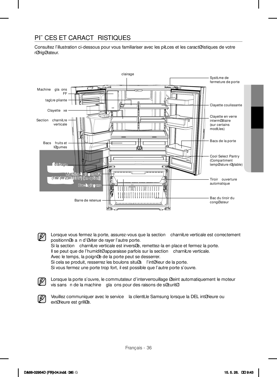 Samsung RF23HTEDBSR/EF manual Pièces ET Caractéristiques 