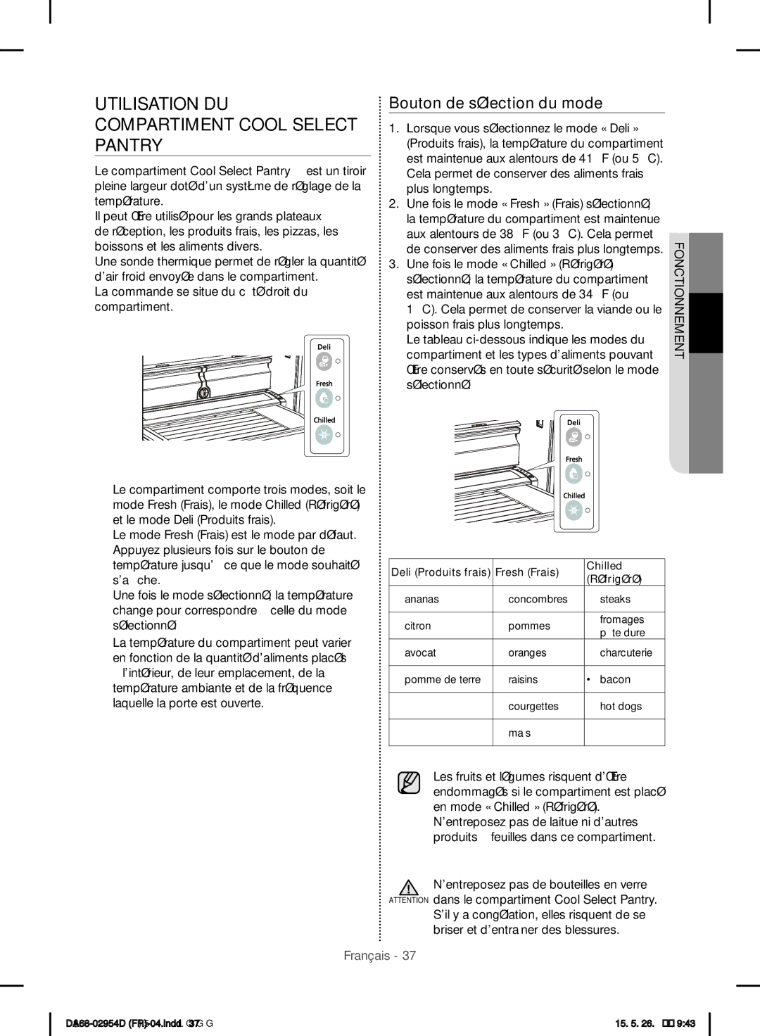 Samsung RF23HTEDBSR/EF manual Utilisation DU Compartiment Cool Select Pantry, Bouton de sélection du mode 