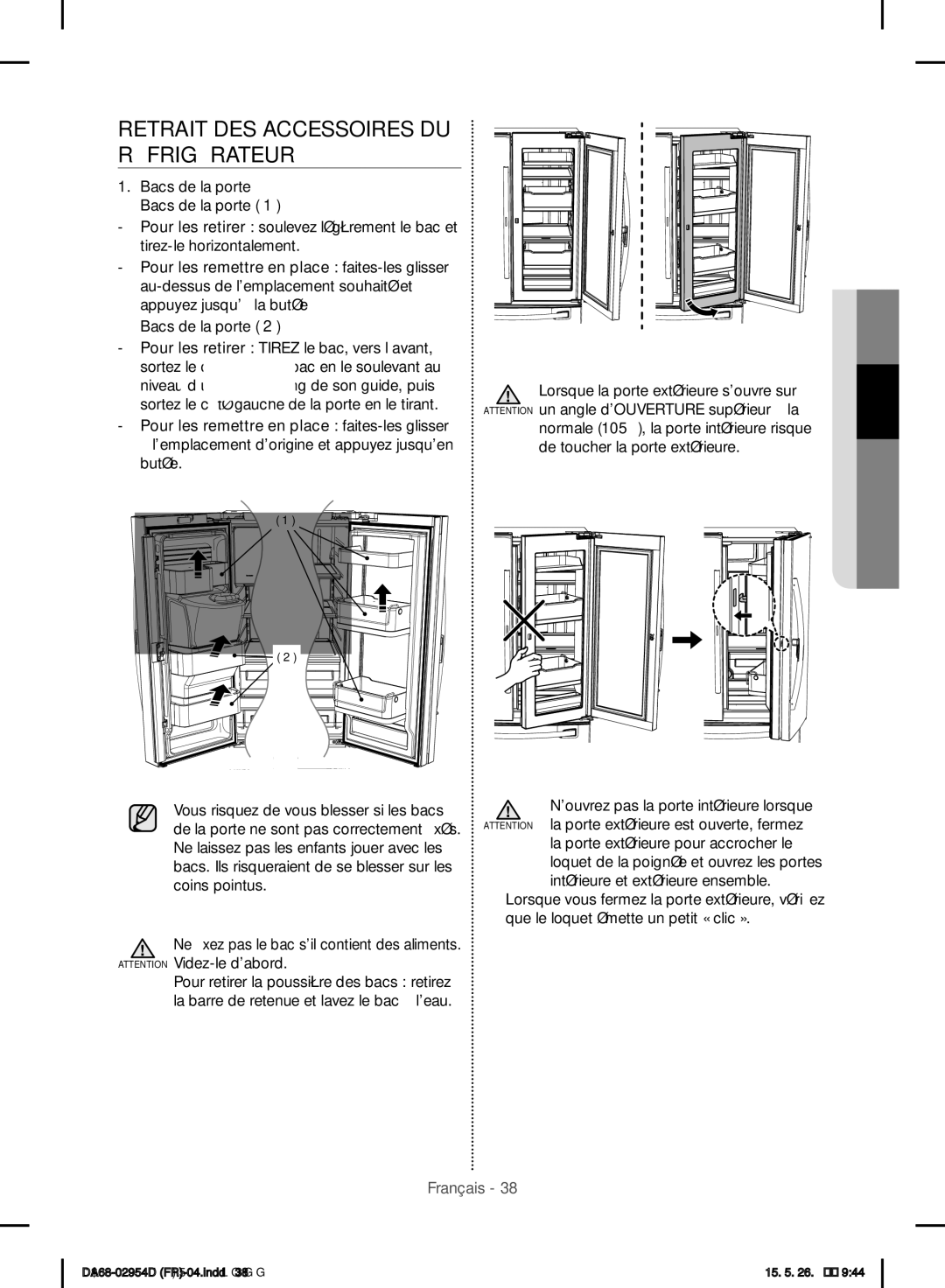 Samsung RF23HTEDBSR/EF manual Retrait DES Accessoires DU Réfrigérateur 