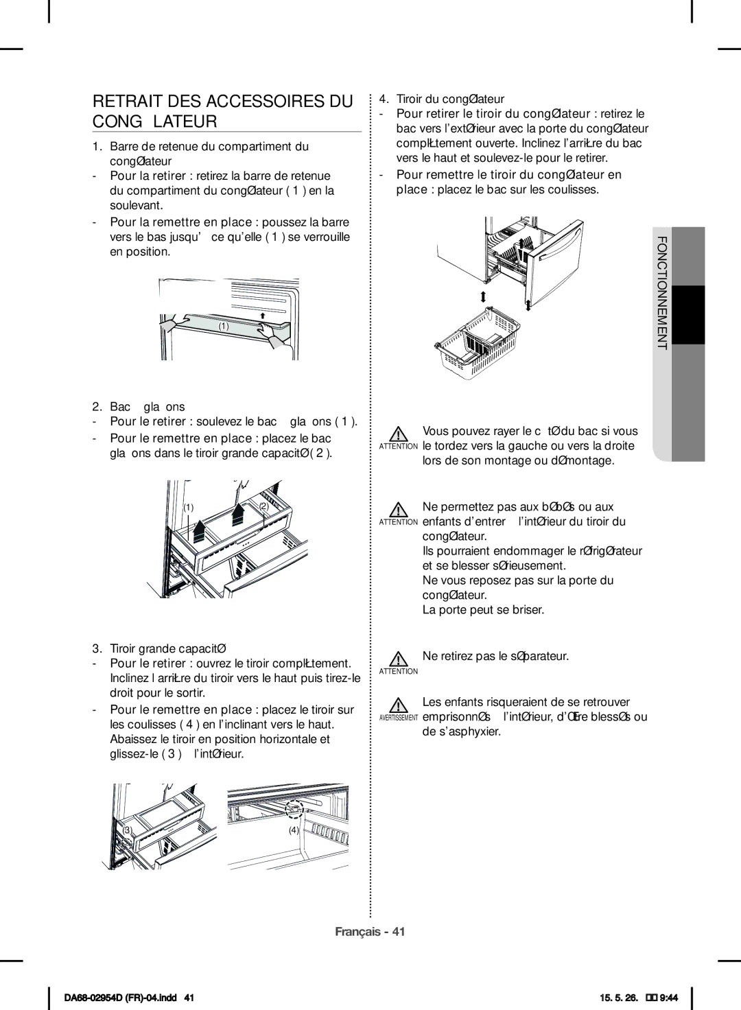 Samsung RF23HTEDBSR/EF manual Retrait DES Accessoires DU Congélateur 