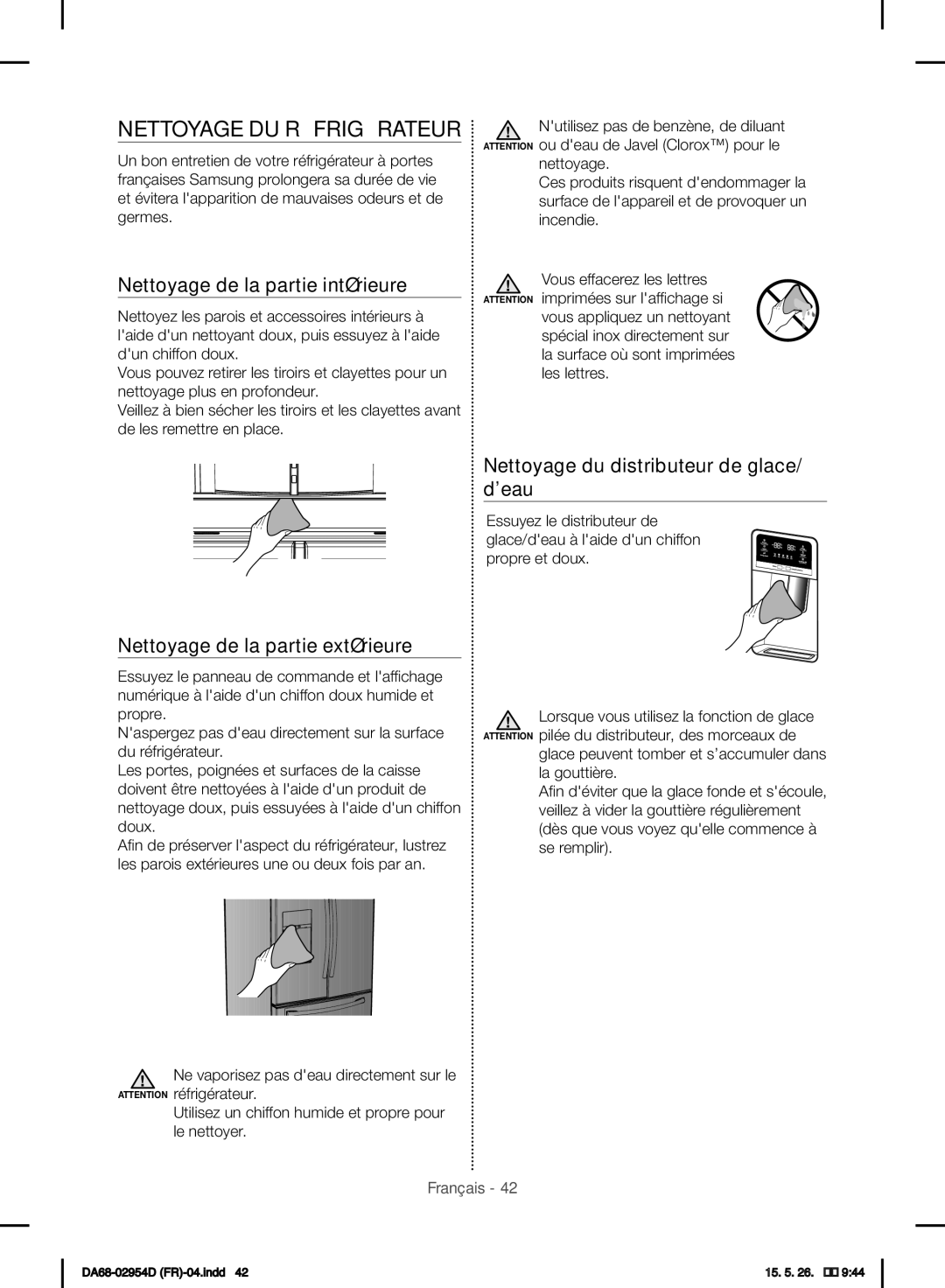 Samsung RF23HTEDBSR/EF Nettoyage DU Réfrigérateur, Nettoyage de la partie intérieure, Nettoyage de la partie extérieure 