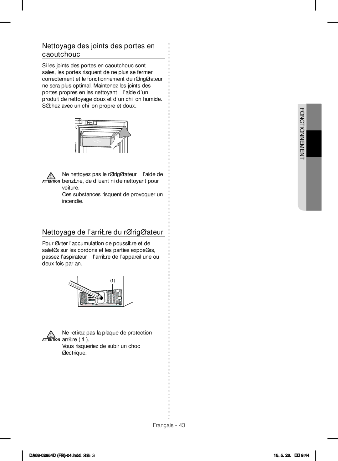 Samsung RF23HTEDBSR/EF manual Nettoyage des joints des portes en caoutchouc, Nettoyage de larrière du réfrigérateur 