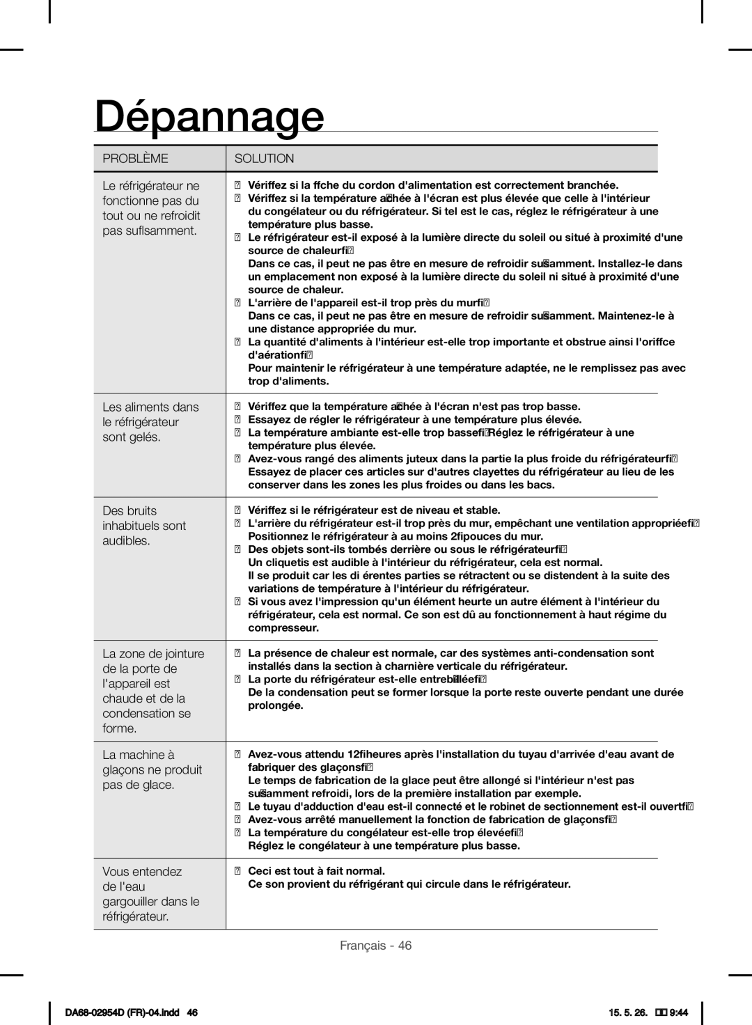 Samsung RF23HTEDBSR/EF manual Dépannage 