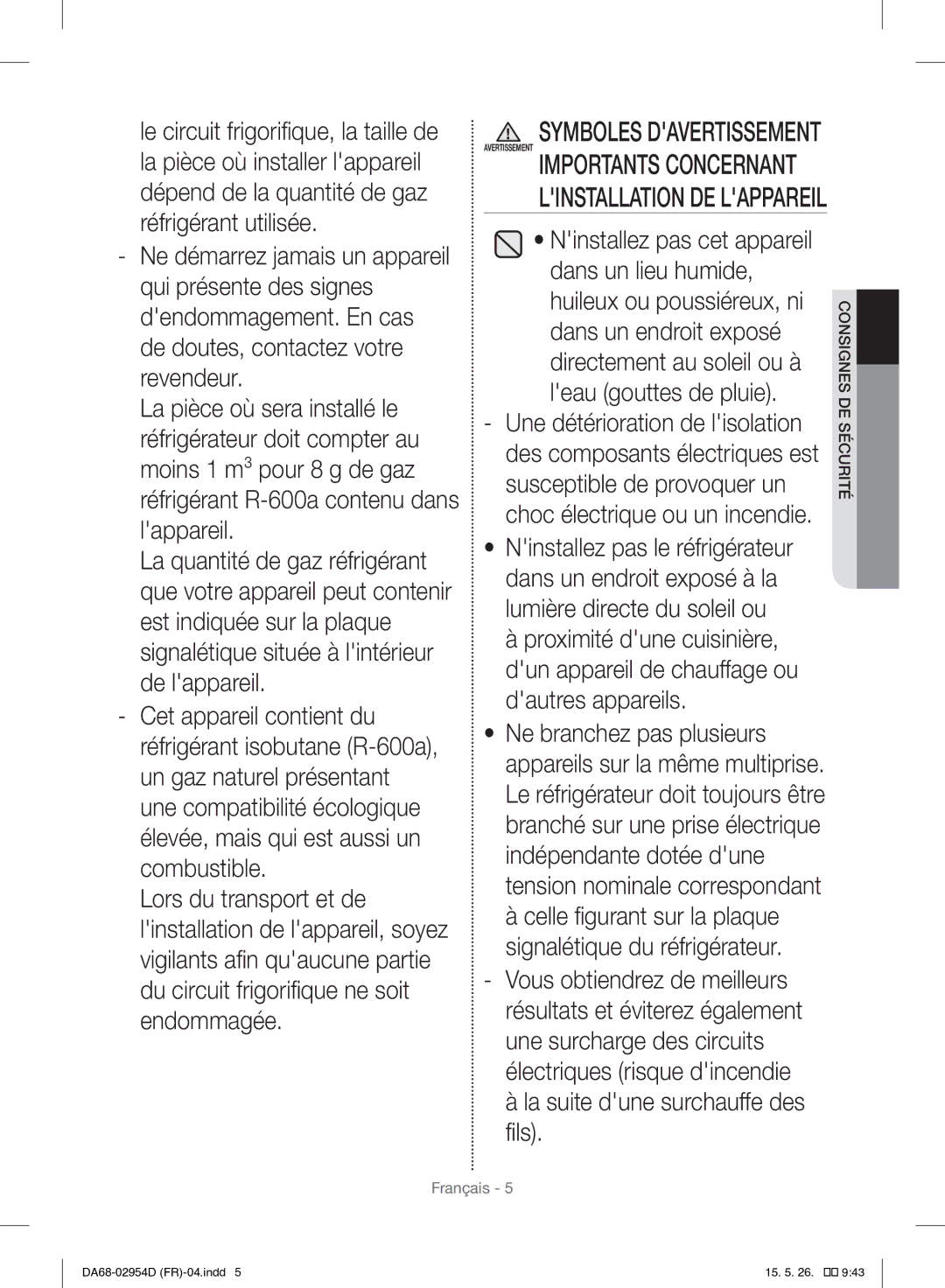 Samsung RF23HTEDBSR/EF manual Linstallation DE Lappareil 