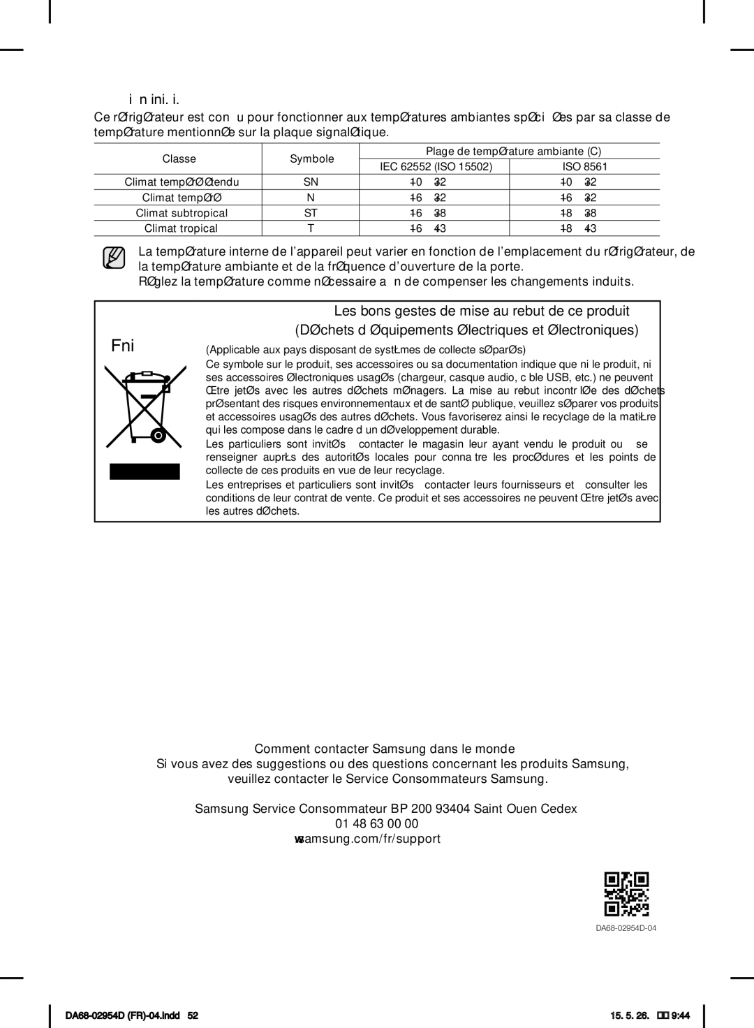 Samsung RF23HTEDBSR/EF manual Français, Température ambiante mini./maxi 