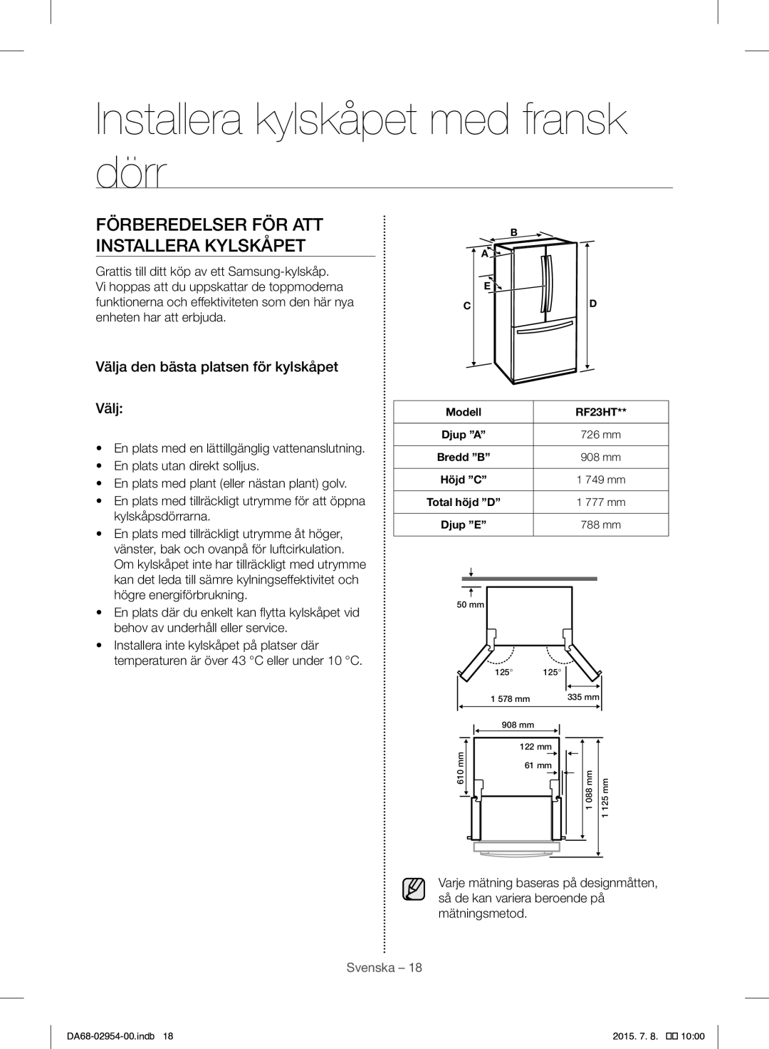 Samsung RF23HTEDBSR/EO manual Installera kylskåpet med fransk dörr, Välja den bästa platsen för kylskåpet 