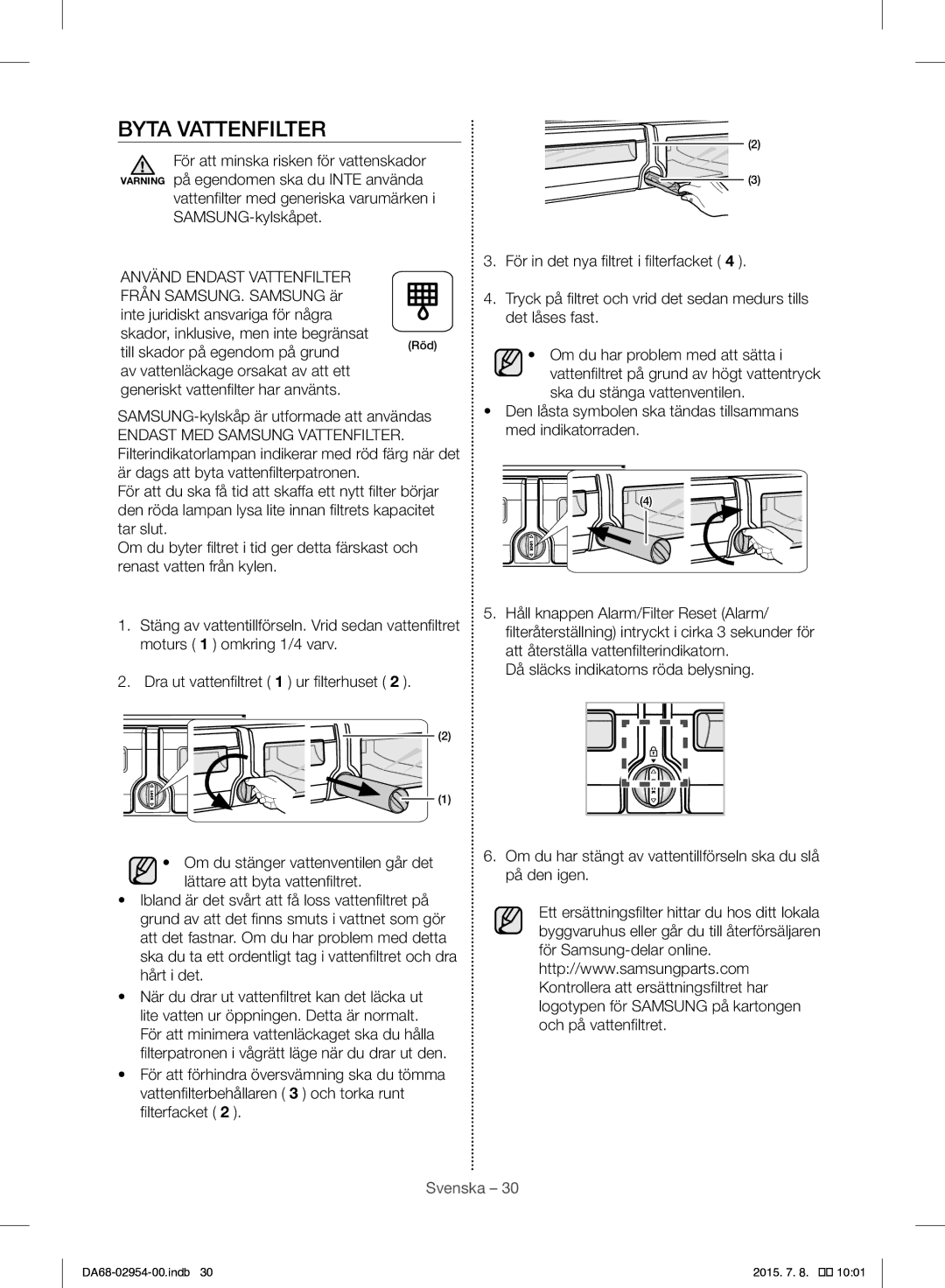 Samsung RF23HTEDBSR/EO manual Byta Vattenfilter 