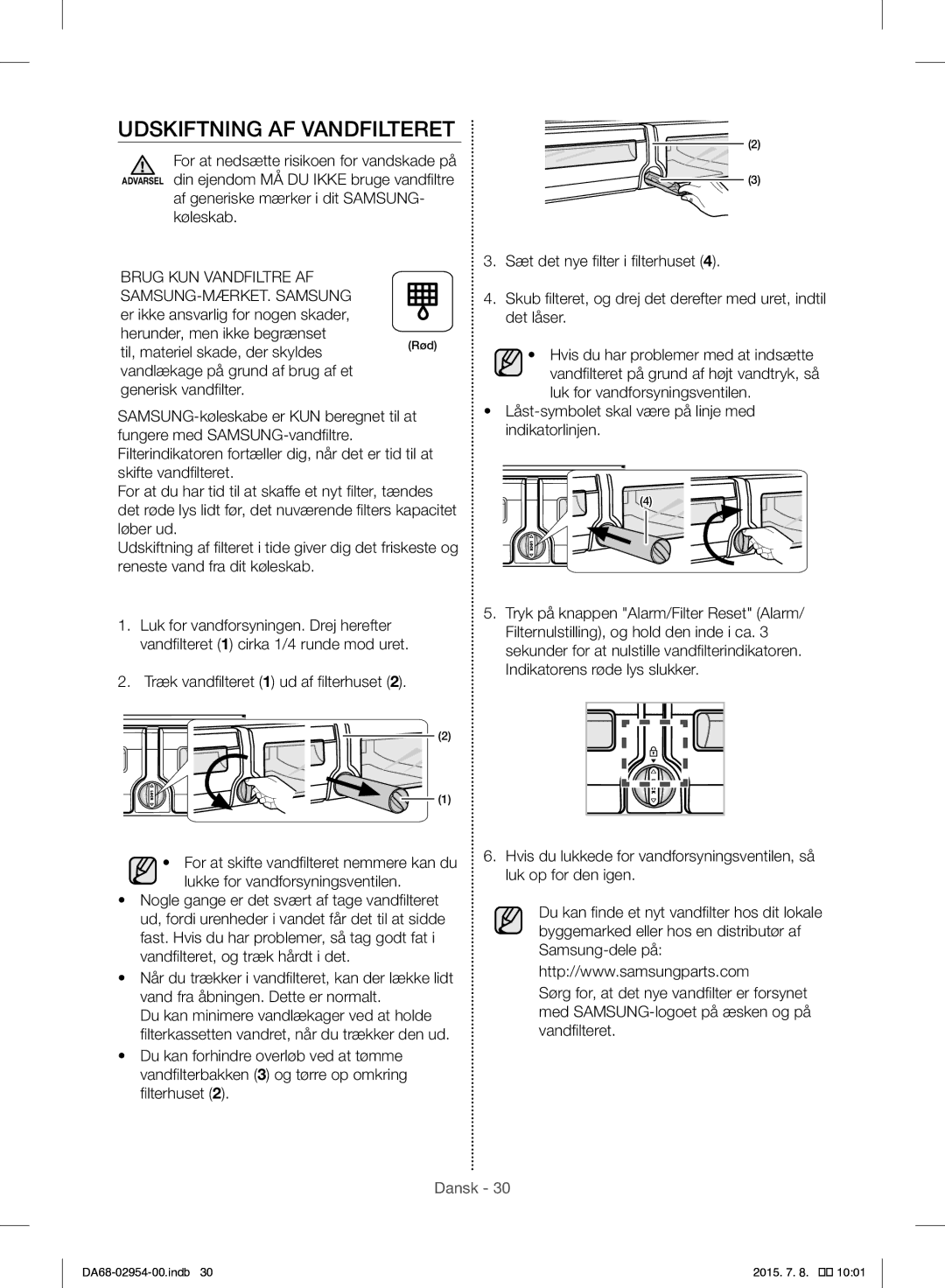 Samsung RF23HTEDBSR/EO manual Udskiftning AF Vandfilteret, Af generiske mærker i dit SAMSUNG- køleskab 