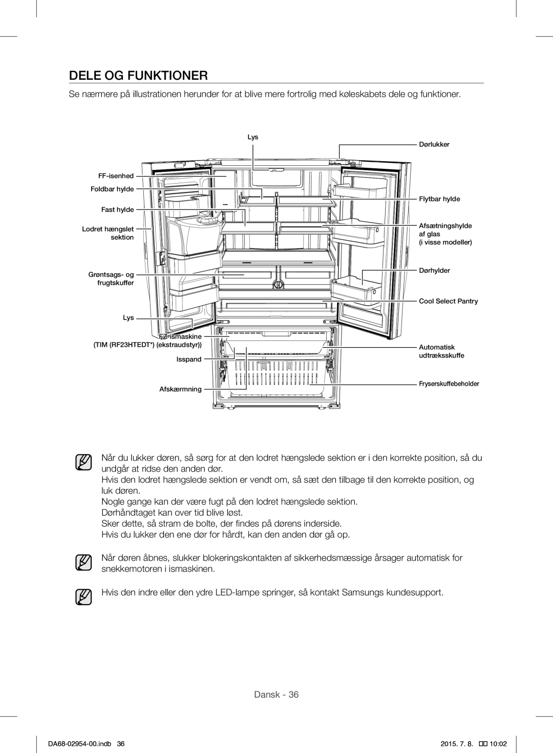 Samsung RF23HTEDBSR/EO manual Dele OG Funktioner 