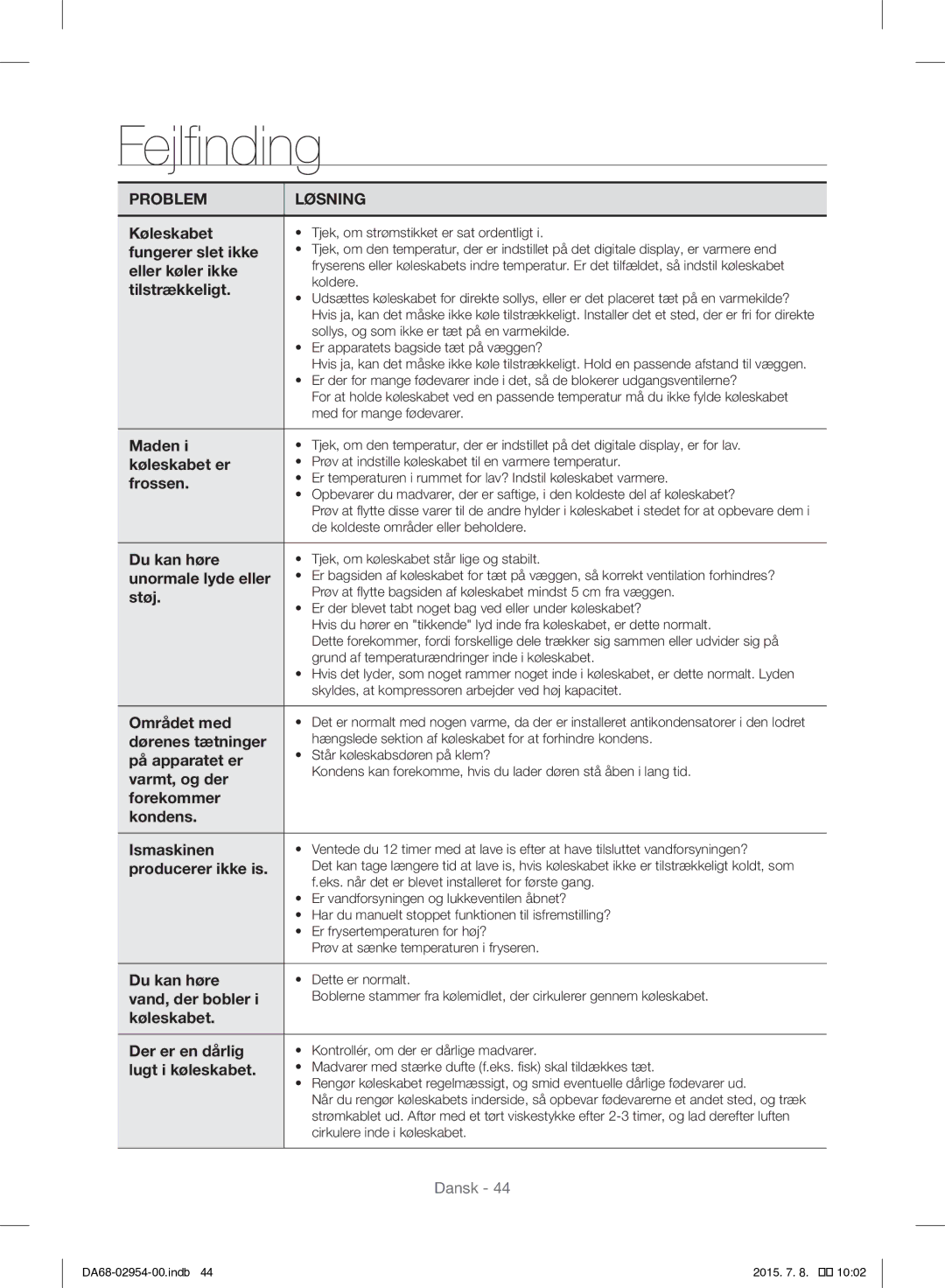 Samsung RF23HTEDBSR/EO manual Fejlfinding 