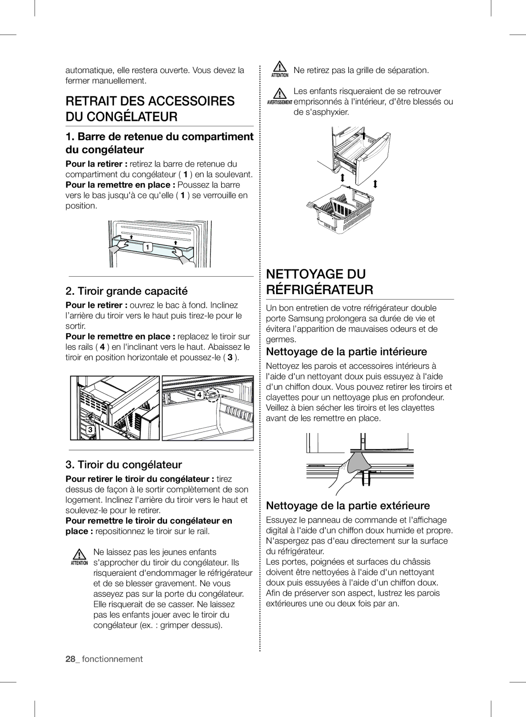 Samsung RF24FSEDBSR user manual Nettoyage DU Réfrigérateur, Retrait DES Accessoires DU Congélateur 