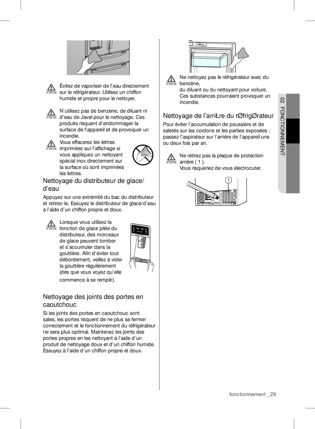 Samsung RF24FSEDBSR user manual Nettoyage du distributeur de glace/ deau, Nettoyage des joints des portes en caoutchouc 