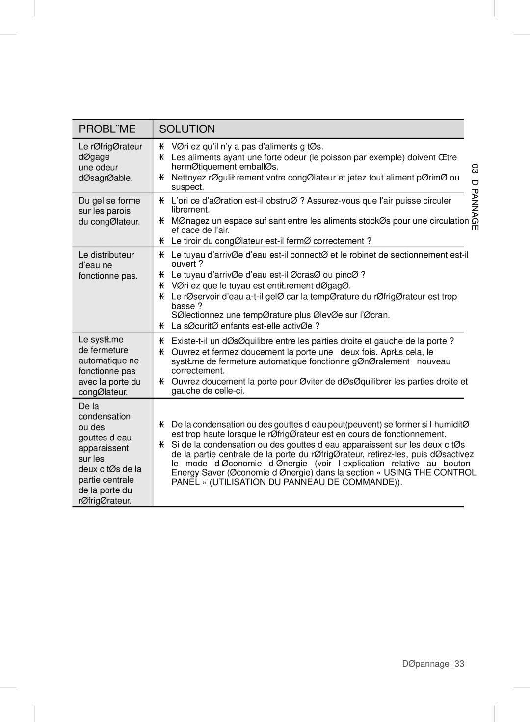 Samsung RF24FSEDBSR Dégage, Une odeur, Désagréable, Du gel se forme, Sur les parois, Du congélateur, Le distributeur 