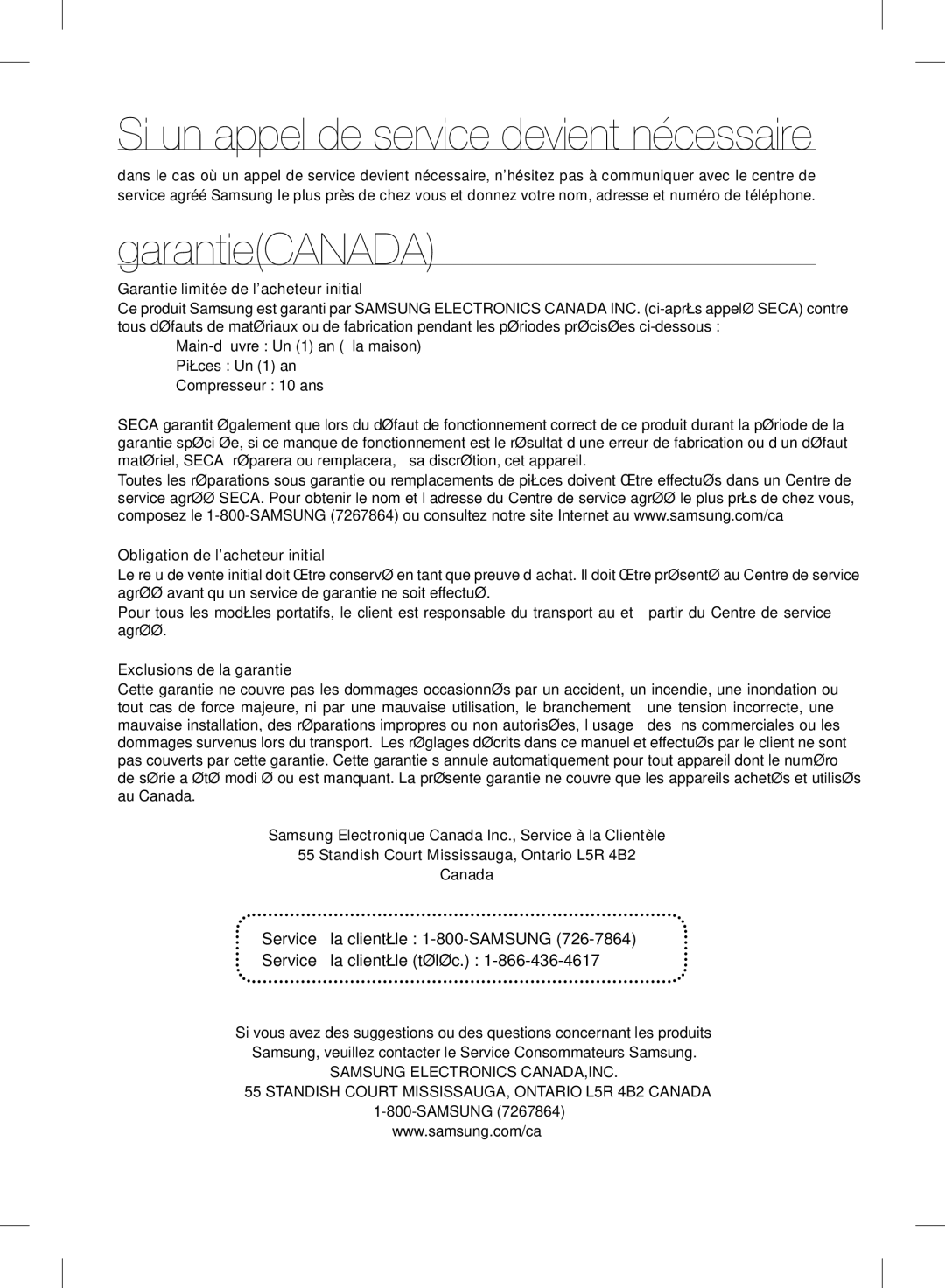 Samsung RF24FSEDBSR user manual Si un appel de service devient nécessaire 