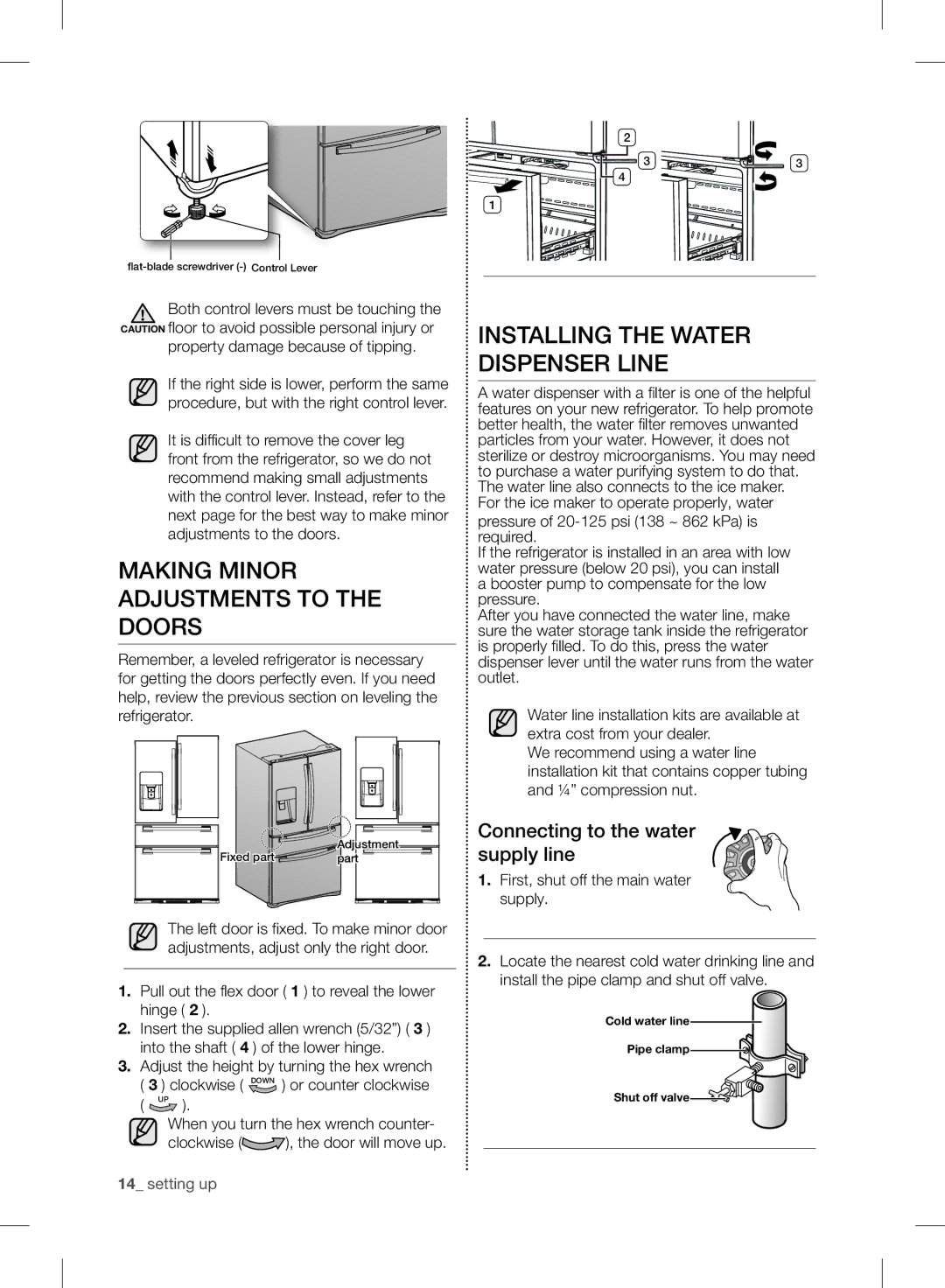 Samsung RF24FSEDBSR user manual Making Minor Adjustments to the Doors, Installing the Water Dispenser Line 