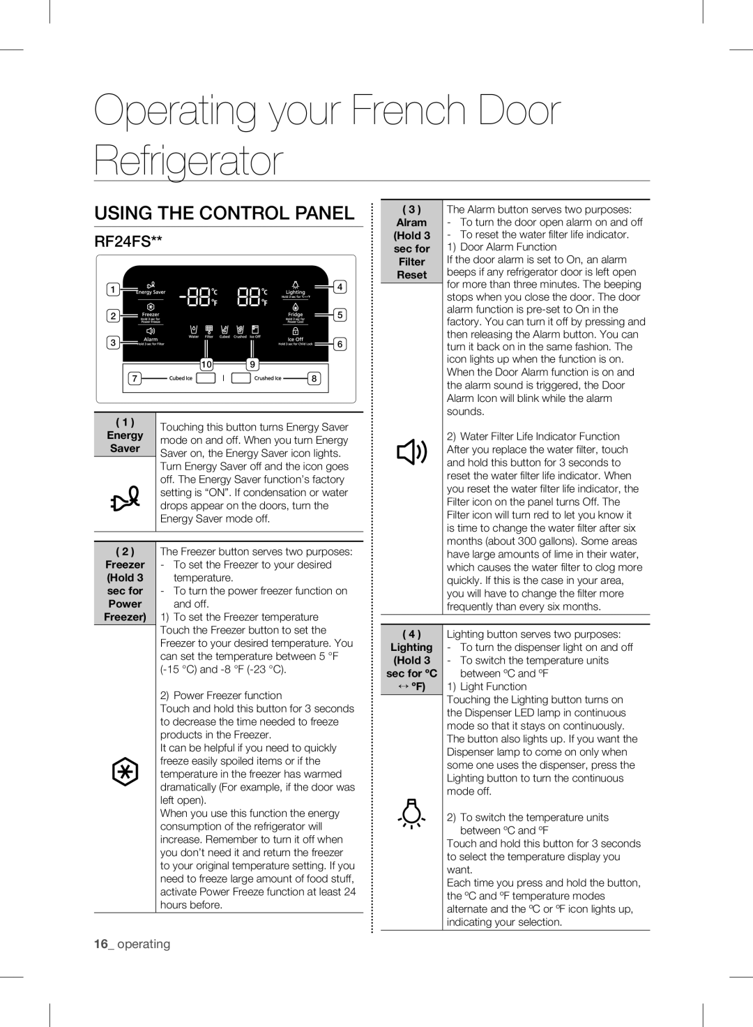 Samsung RF24FSEDBSR user manual Operating your French Door Refrigerator, Using the Control Panel 