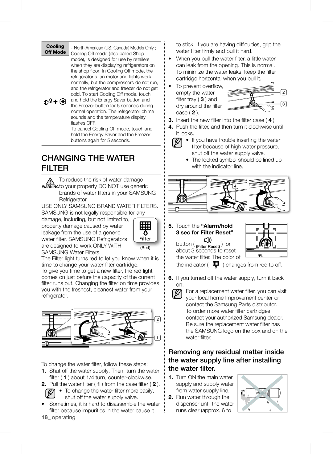 Samsung RF24FSEDBSR user manual Changing the Water Filter, Touch the Alarm/hold Sec for Filter Reset 