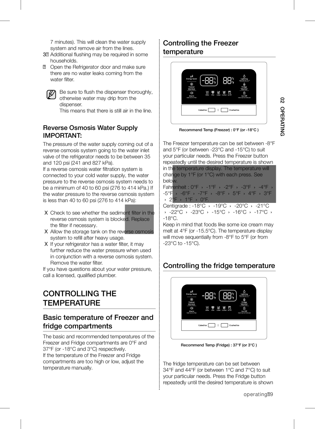 Samsung RF24FSEDBSR user manual Controlling Temperature, Basic temperature of Freezer and fridge compartments 