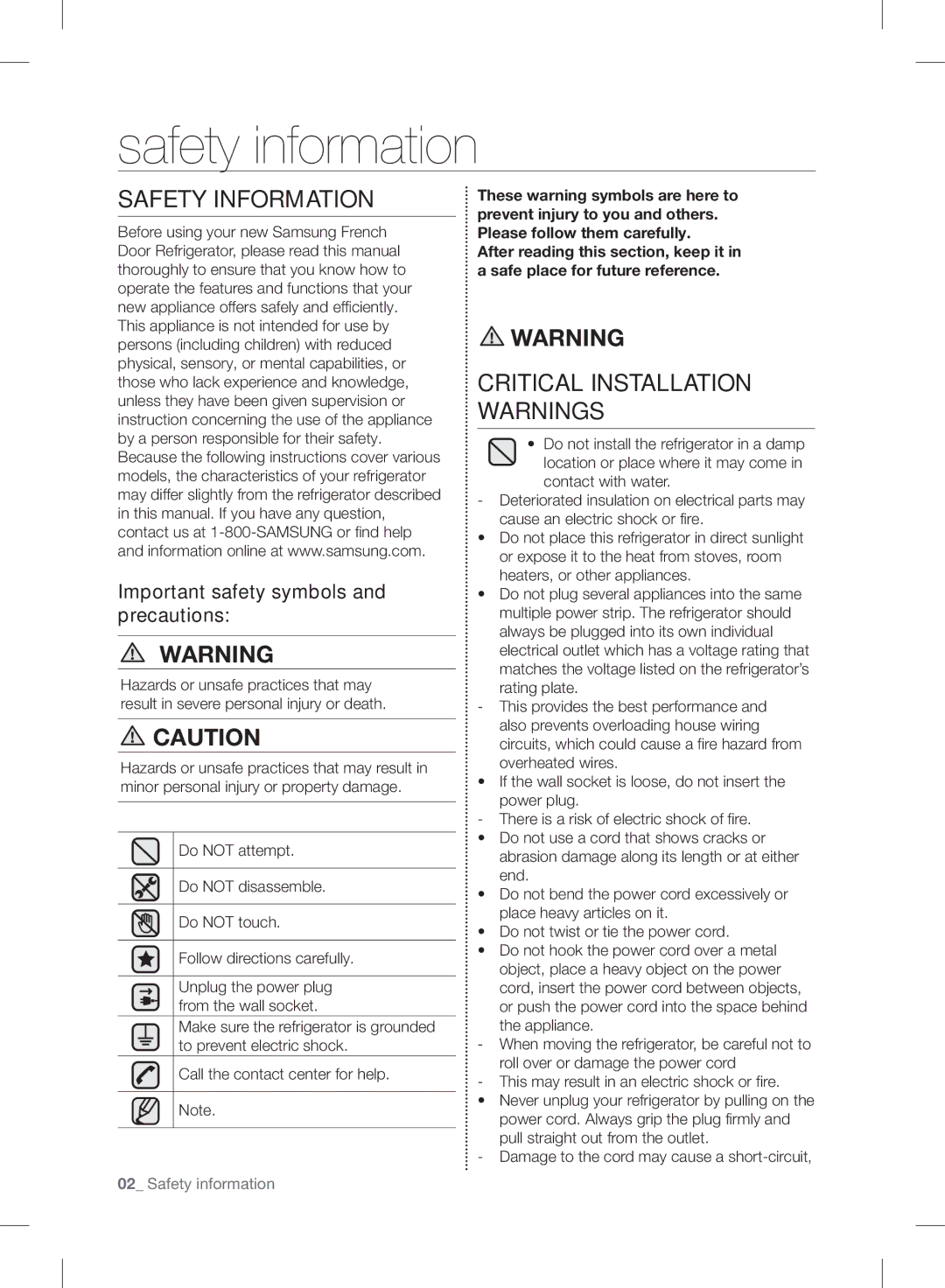 Samsung RF24FSEDBSR user manual Safety information, Safety Information, Critical Installation Warnings 