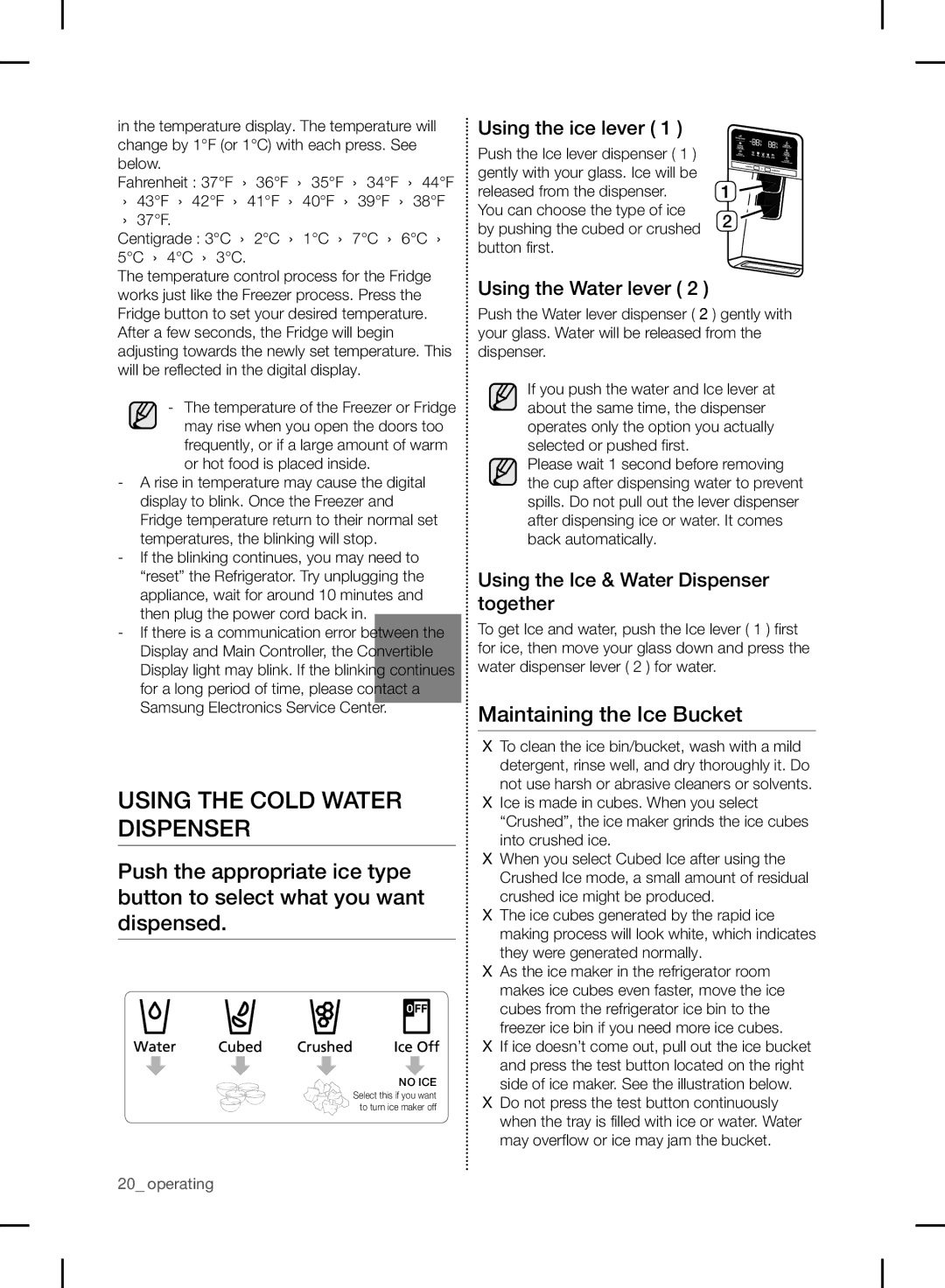Samsung RF24FSEDBSR Using the Cold Water Dispenser, Maintaining the Ice Bucket, Using the ice lever, Using the Water lever 