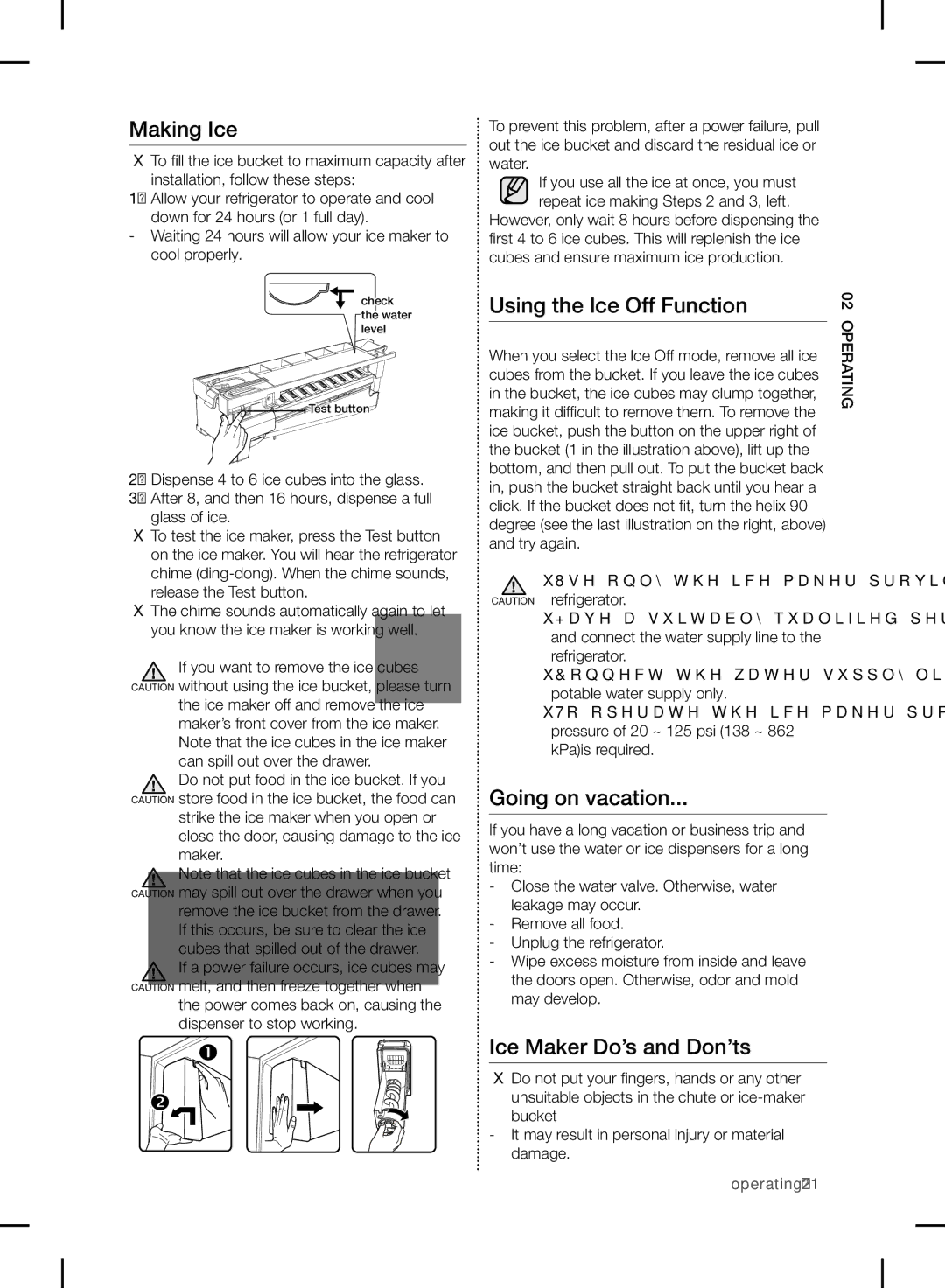 Samsung RF24FSEDBSR user manual Making Ice, Using the Ice Off Function, Going on vacation, Ice Maker Do’s and Don’ts 