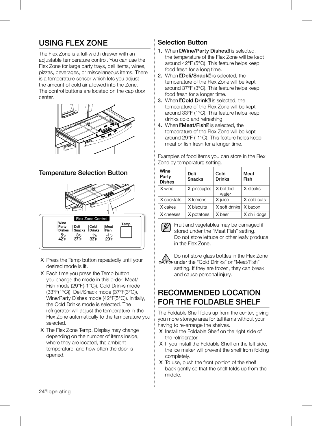 Samsung RF24FSEDBSR user manual Using Flex Zone, Recommended Location for the Foldable Shelf, Temperature Selection Button 