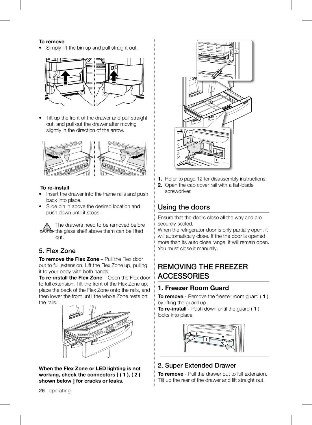 Samsung RF24FSEDBSR user manual Using the doors, Removing the Freezer Accessories, Flex Zone, Super Extended Drawer 