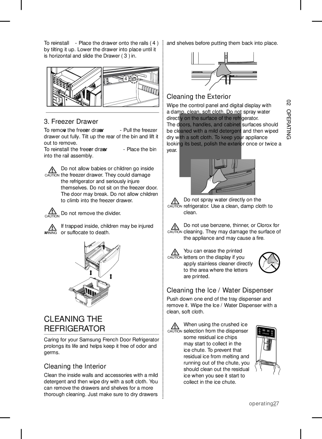 Samsung RF24FSEDBSR user manual Cleaning Refrigerator, Freezer Drawer, Cleaning the Interior, Cleaning the Exterior 